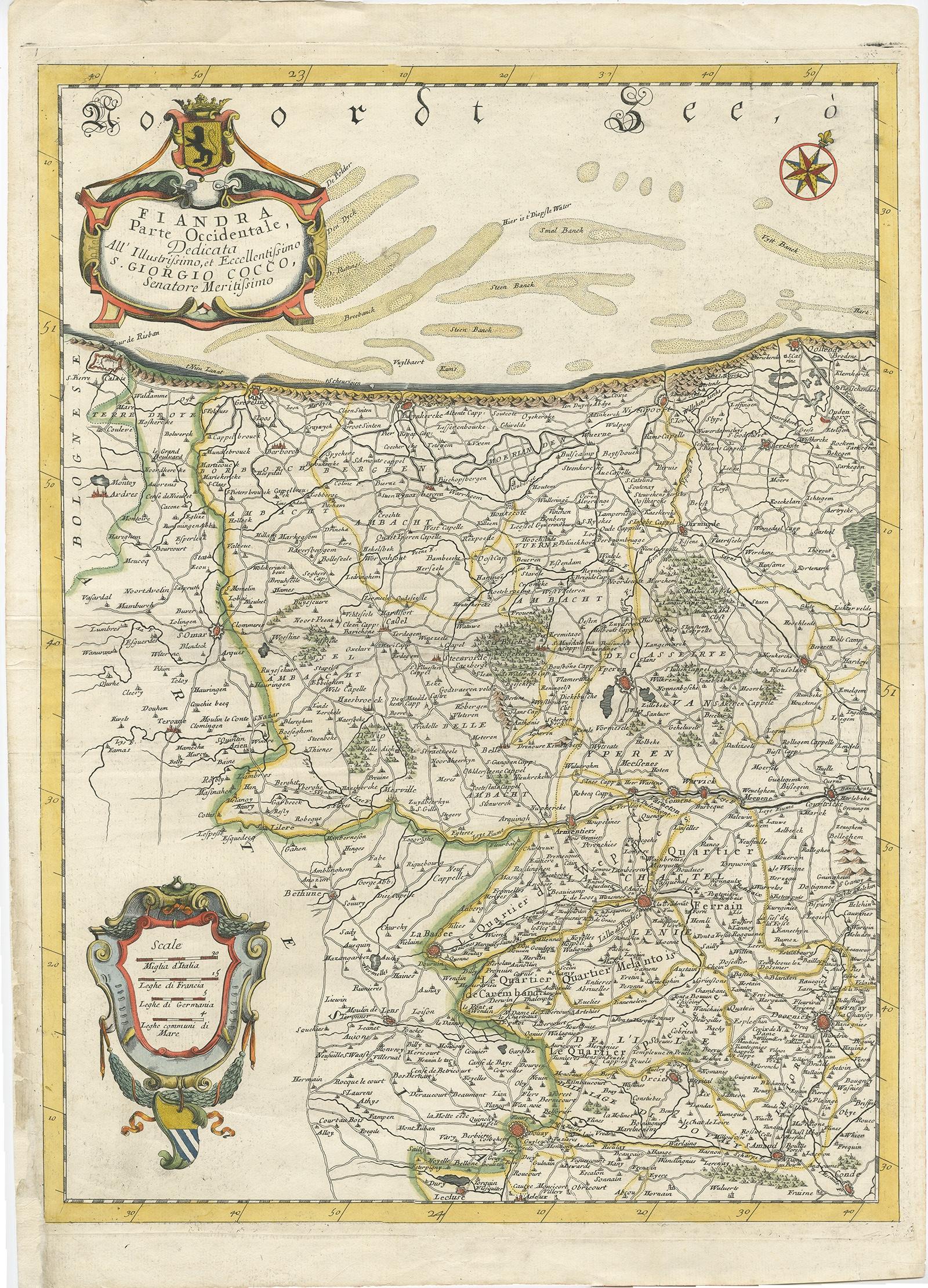 Antique map titled 'Fiandra Parte Occidentale (..)'. 

Depicts northern part of Flanders, from North Sea, extends through the northern region of France to the cities of Douai and Vieux-Conde located at the bottom of the map. Originates from