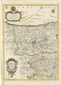 Decorative Original Antique Map of the North of Flanders, Belgium, 1697