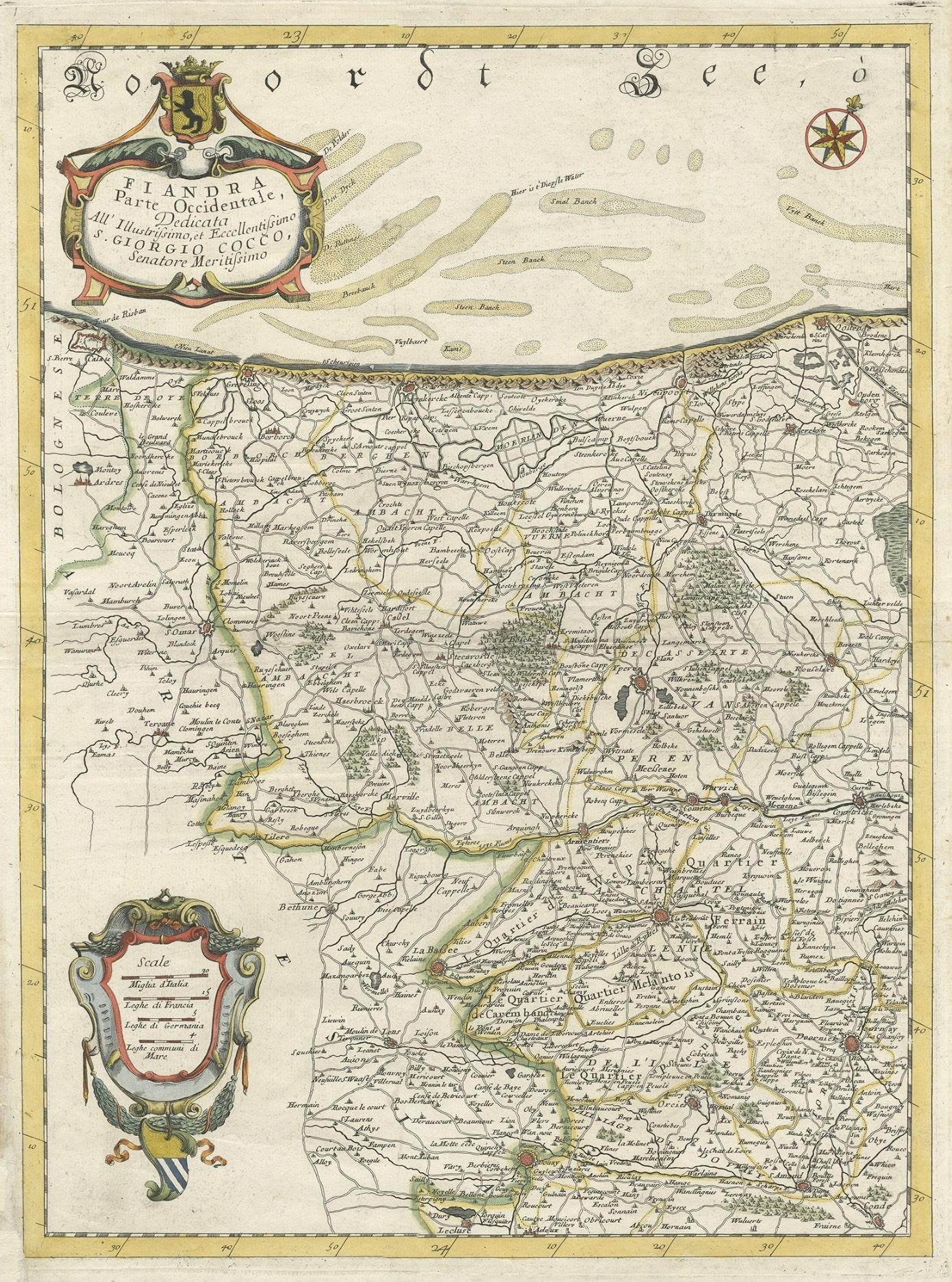 Mappa decorativa originale antica del Nord delle Fiandre, Belgio, 1697 In condizioni buone in vendita a Langweer, NL