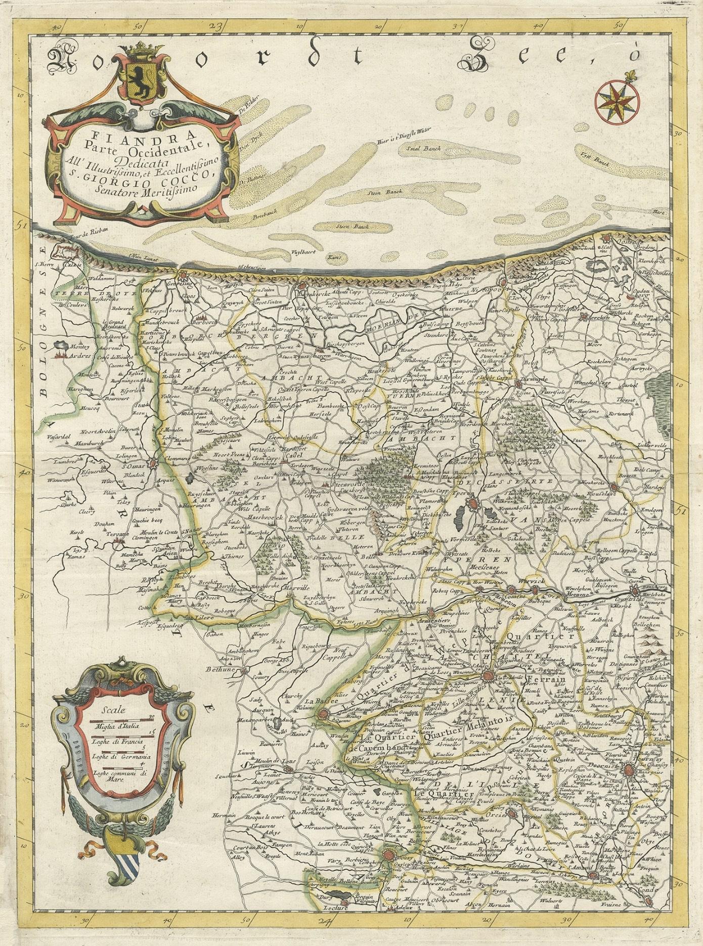 Carte décorative originale et ancienne du nord des Flandres, Belgique, 1697 Bon état - En vente à Langweer, NL