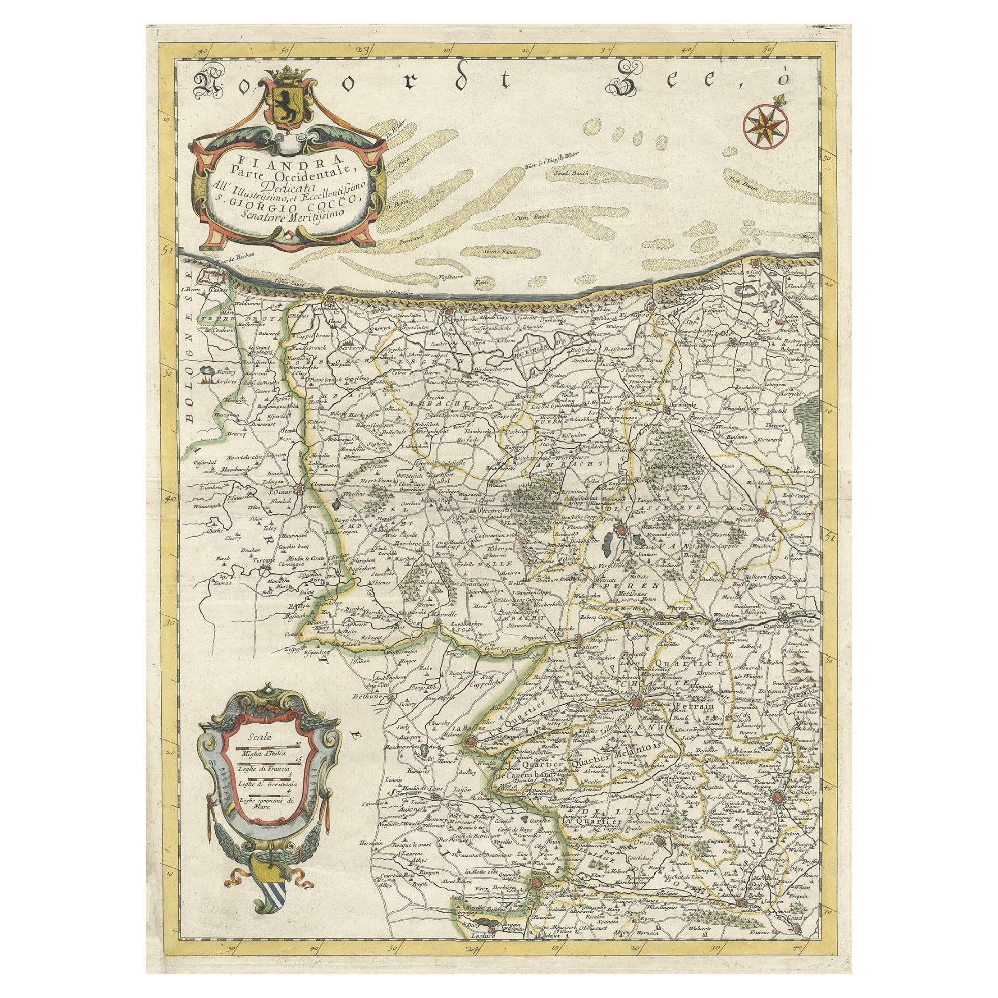 Carte décorative originale du nord des Flandres, Belgique, 1697
