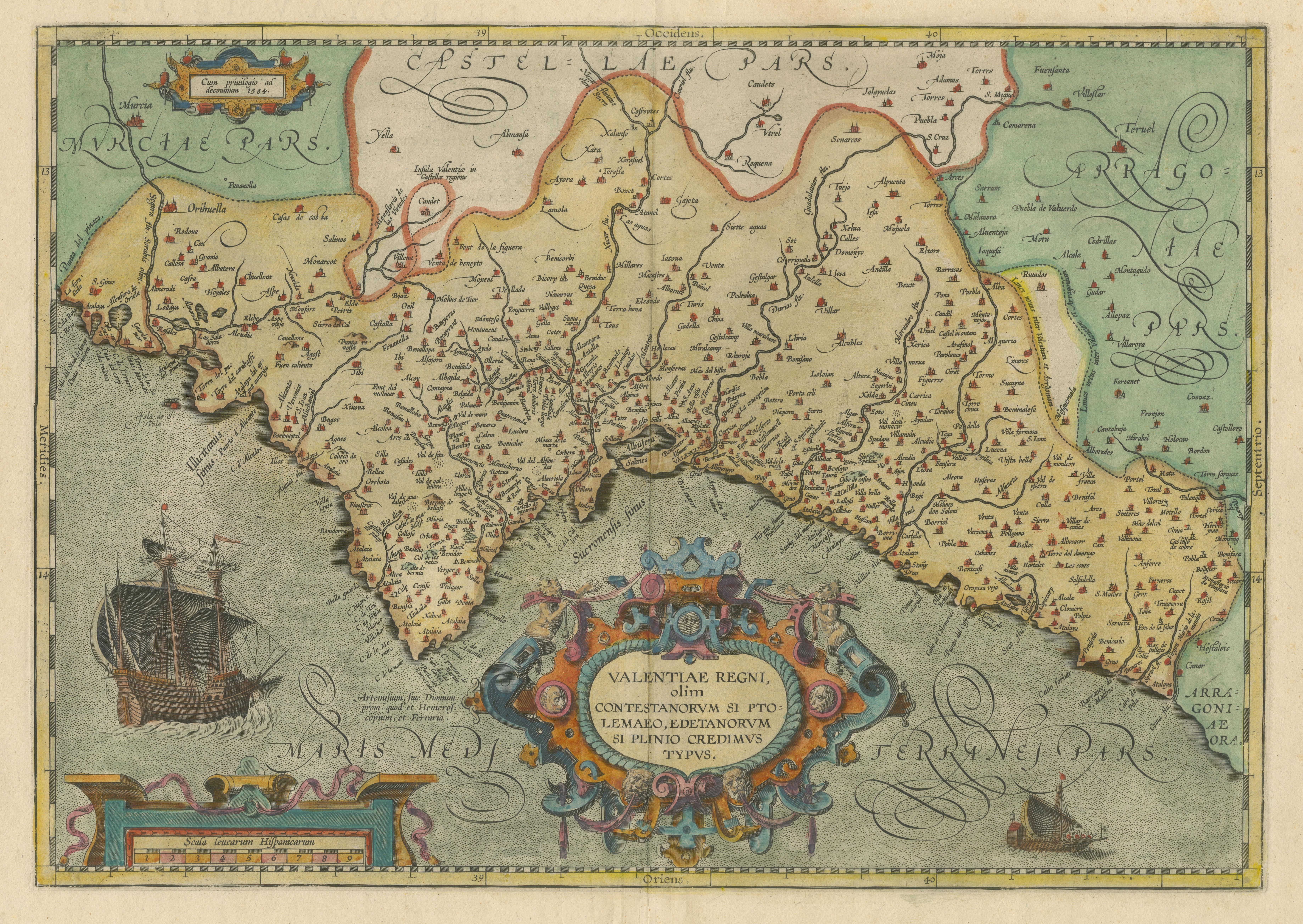 17th Century Decorative Original Antique Map of Valencia in Southern Spain, circa 1601 For Sale
