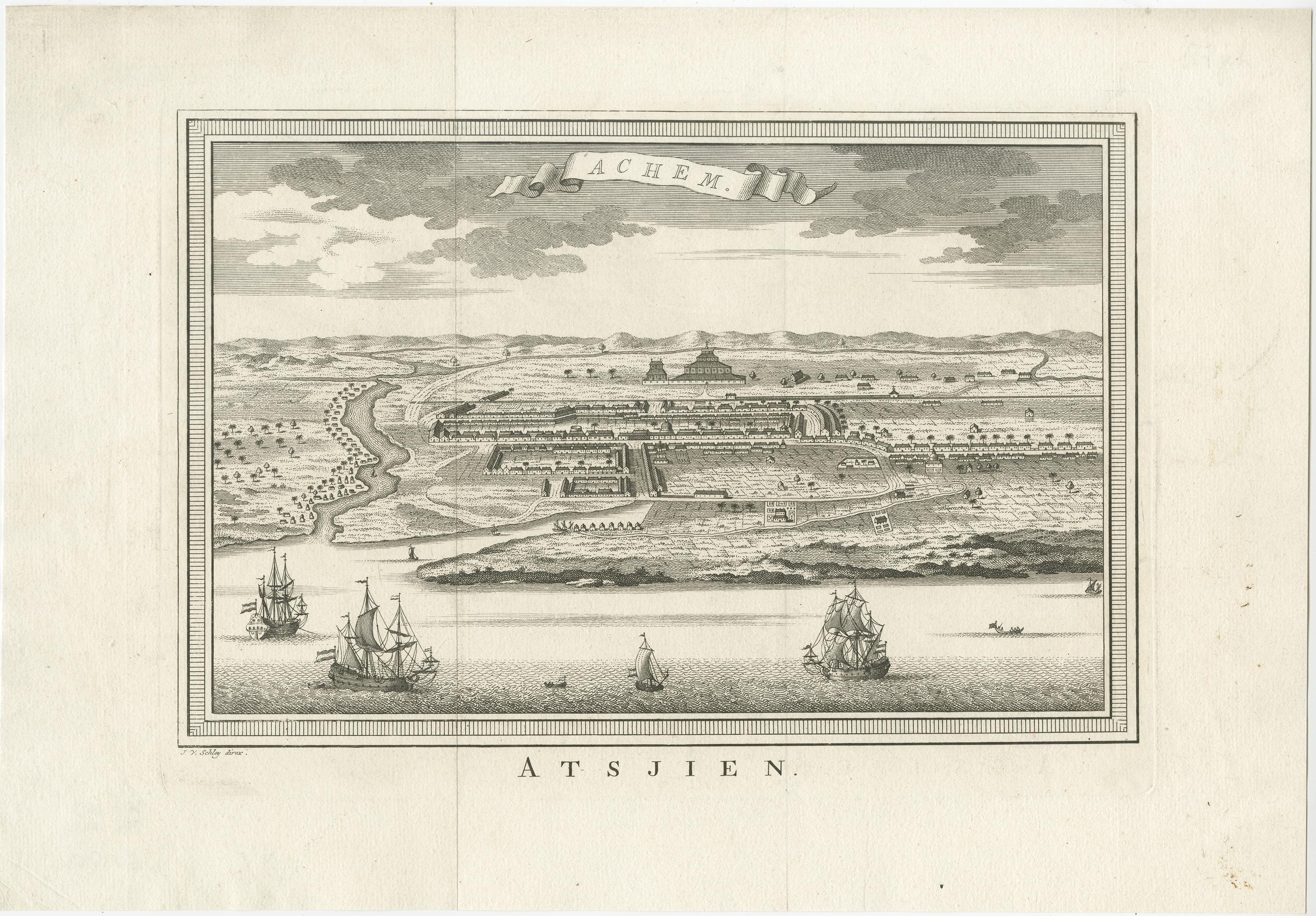 Antique print titled 'Achem - Atsjien'. 

Decorative panoramic view of Atjeh on Sumatra, Indonesia. On this engraving a pagode like building is visible in the background. In the foreground sailing vessels. This print originates from 'Historische