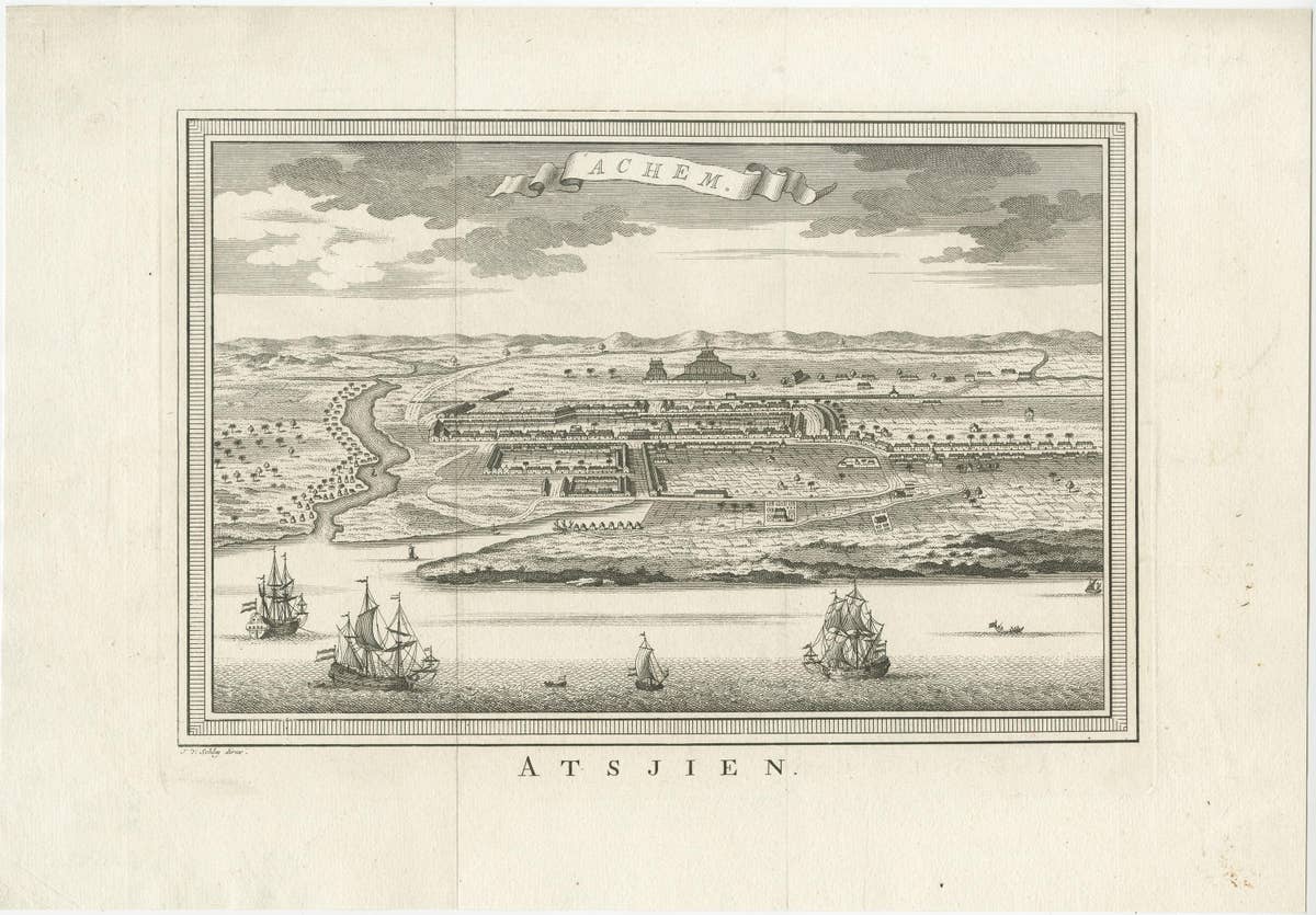 Decorative Original Antique Panoramic View of Atjeh on Sumatra, Indonesia, 1756