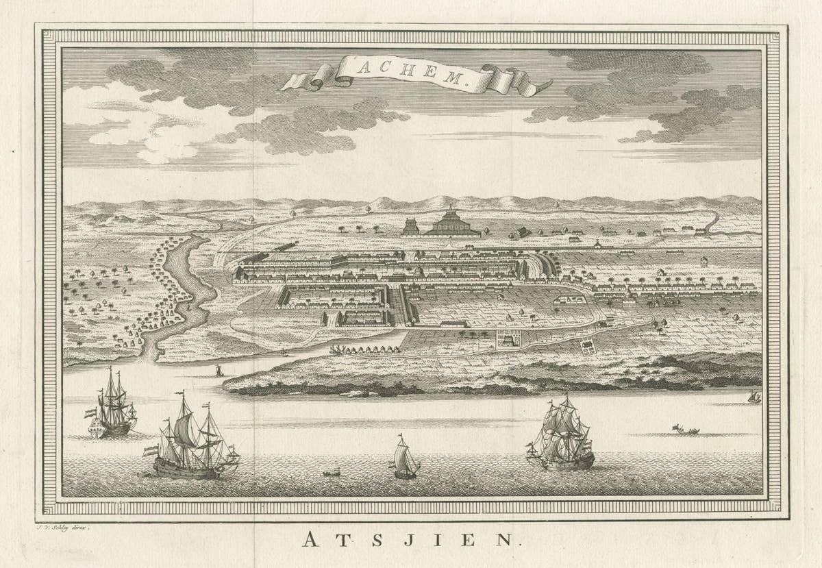 Decorative Original Antique Panoramic View of Atjeh on Sumatra, Indonesia, 1756