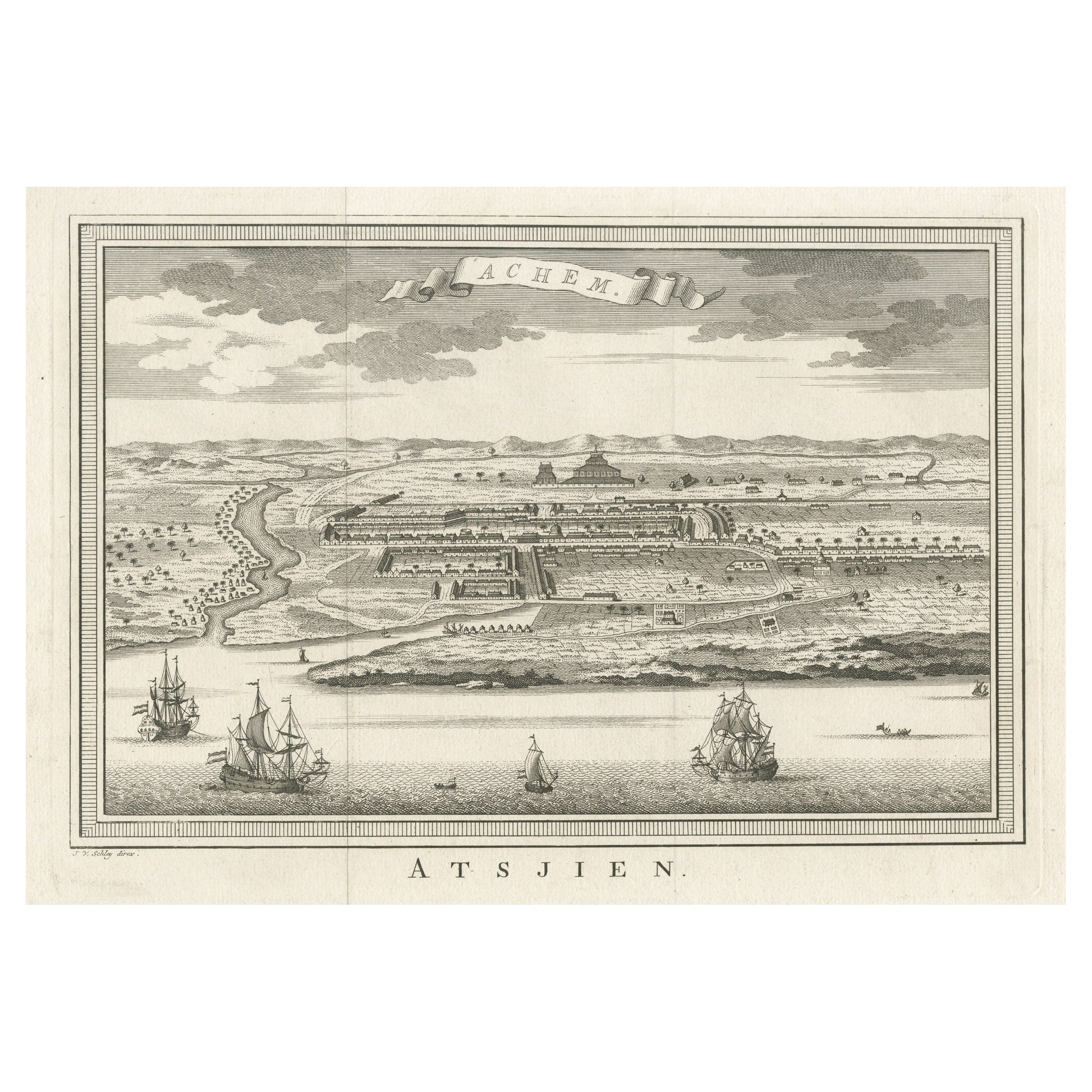 Vista panorámica decorativa original antigua de Atjeh en Sumatra, Indonesia, 1756