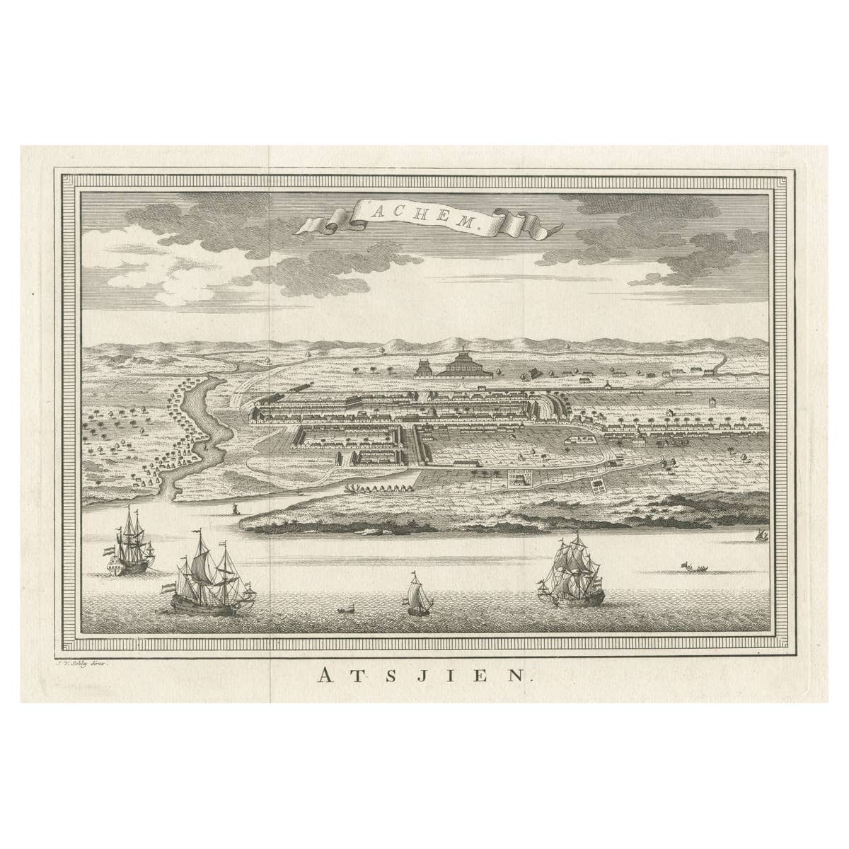 Decorative Original Antique Panoramic View of Atjeh on Sumatra, Indonesia, 1756