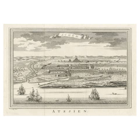 Decorative Original Antique Panoramic View of Atjeh on Sumatra, Indonesia, 1756
