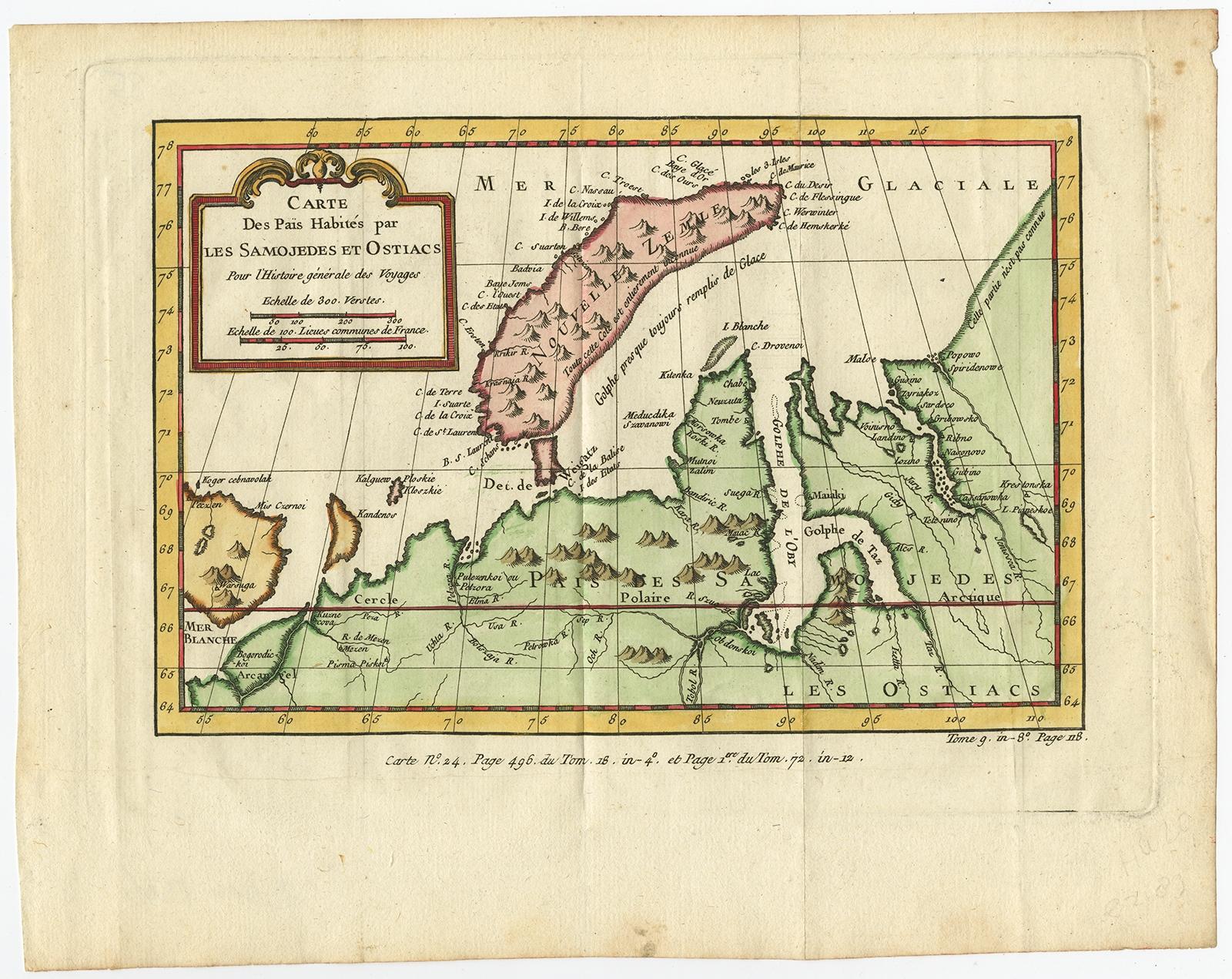 Antique map titled 'Carte Des Pais Habites par les Samojedes et Ostiacs.' 

Map of Novaya Zemlya and the Russian mainland. Source unknown, to be determined.

Artists and Engravers: Made by 'Nicolas Bellin' after an anonymous artist.