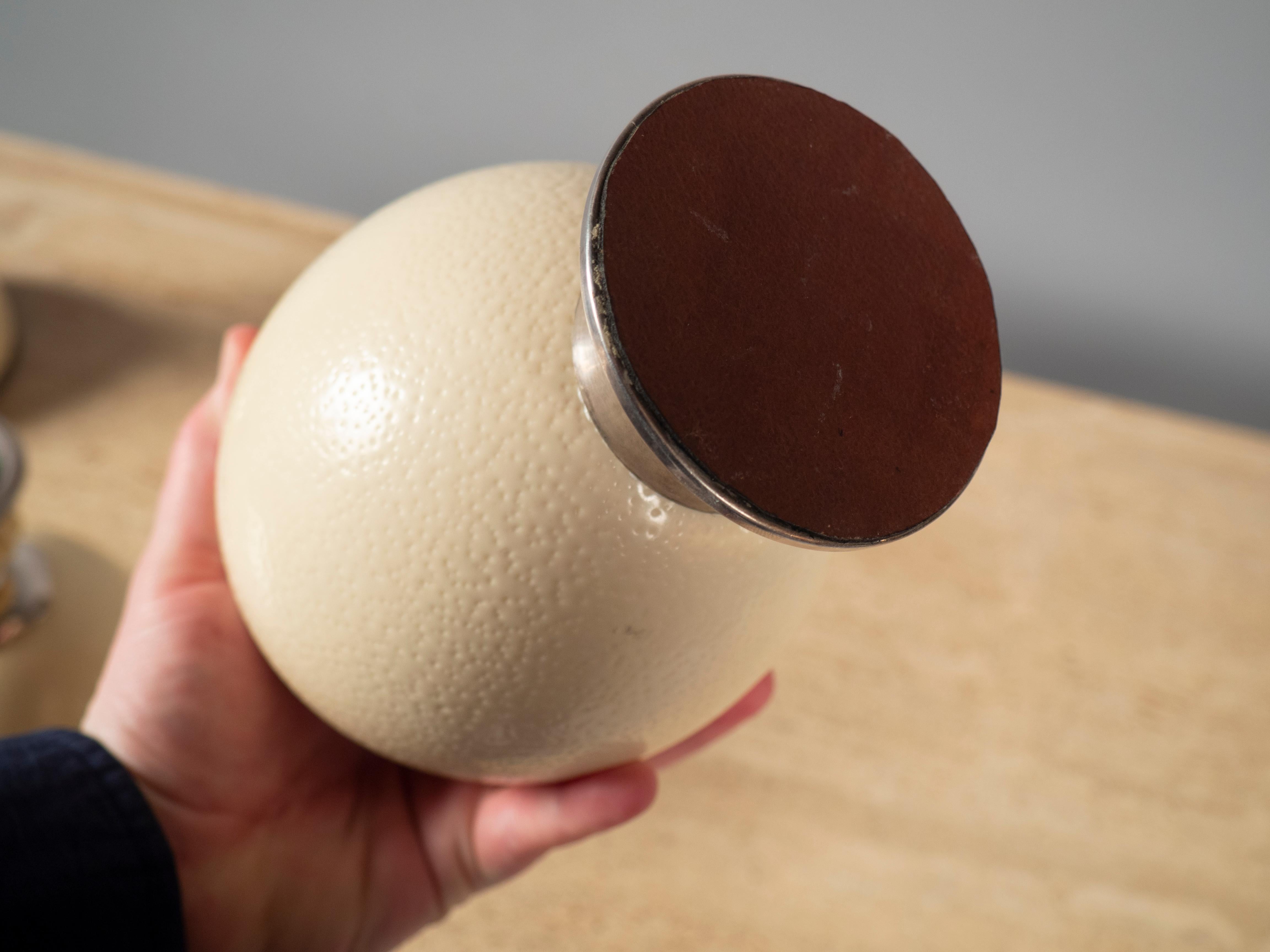 Natural ostrich egg mounted on a silvered base, the underside covered with leather.