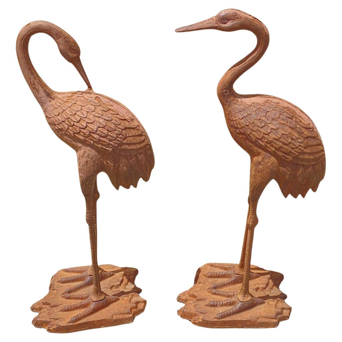 Decorative Outdoor Cast Iron Metal Garden Statue Sculpture Bird Crane, Set of 2 For Sale