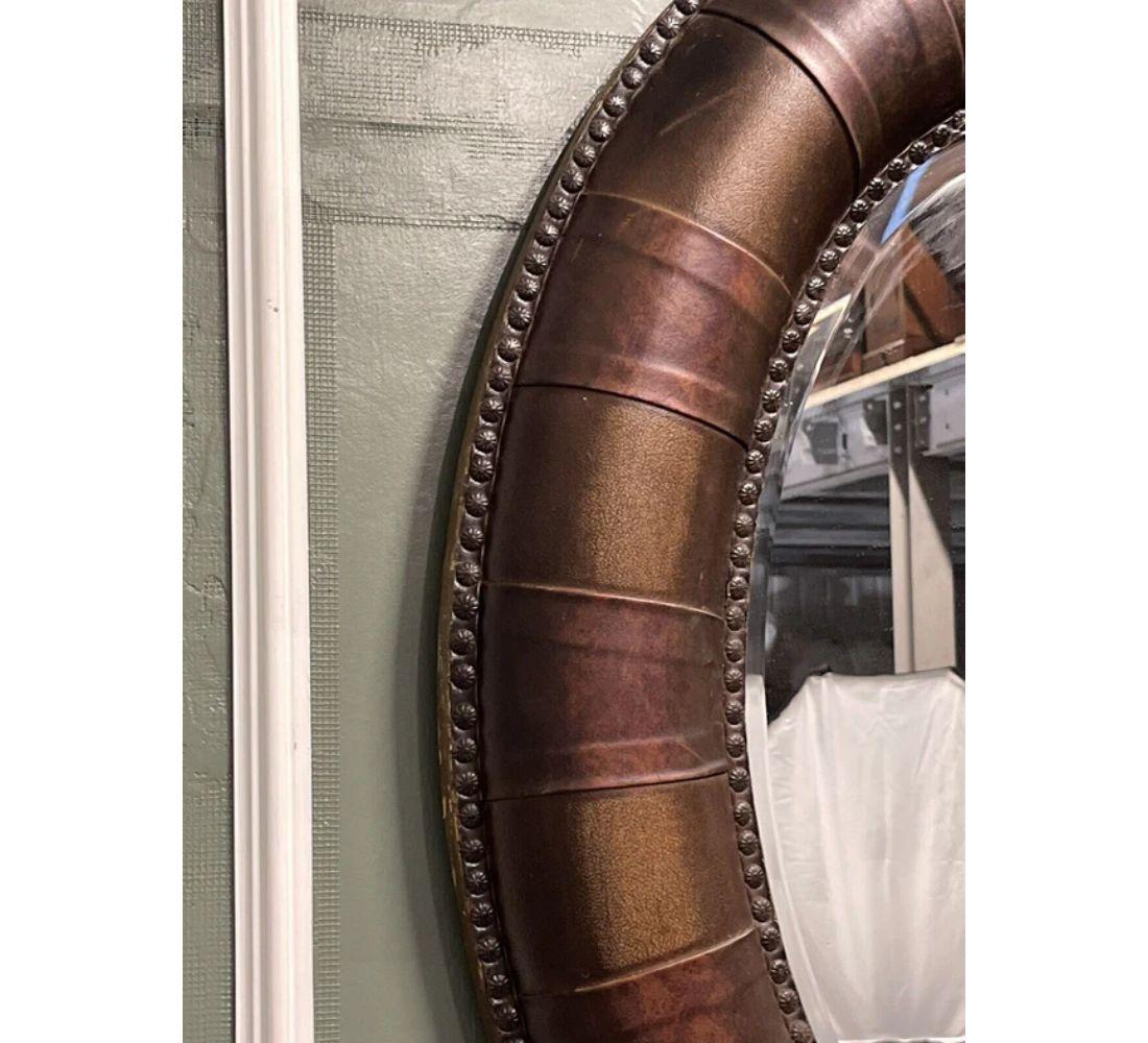 British Decorative Oval Brown Studded Leather Cushion Wall Mirror For Sale