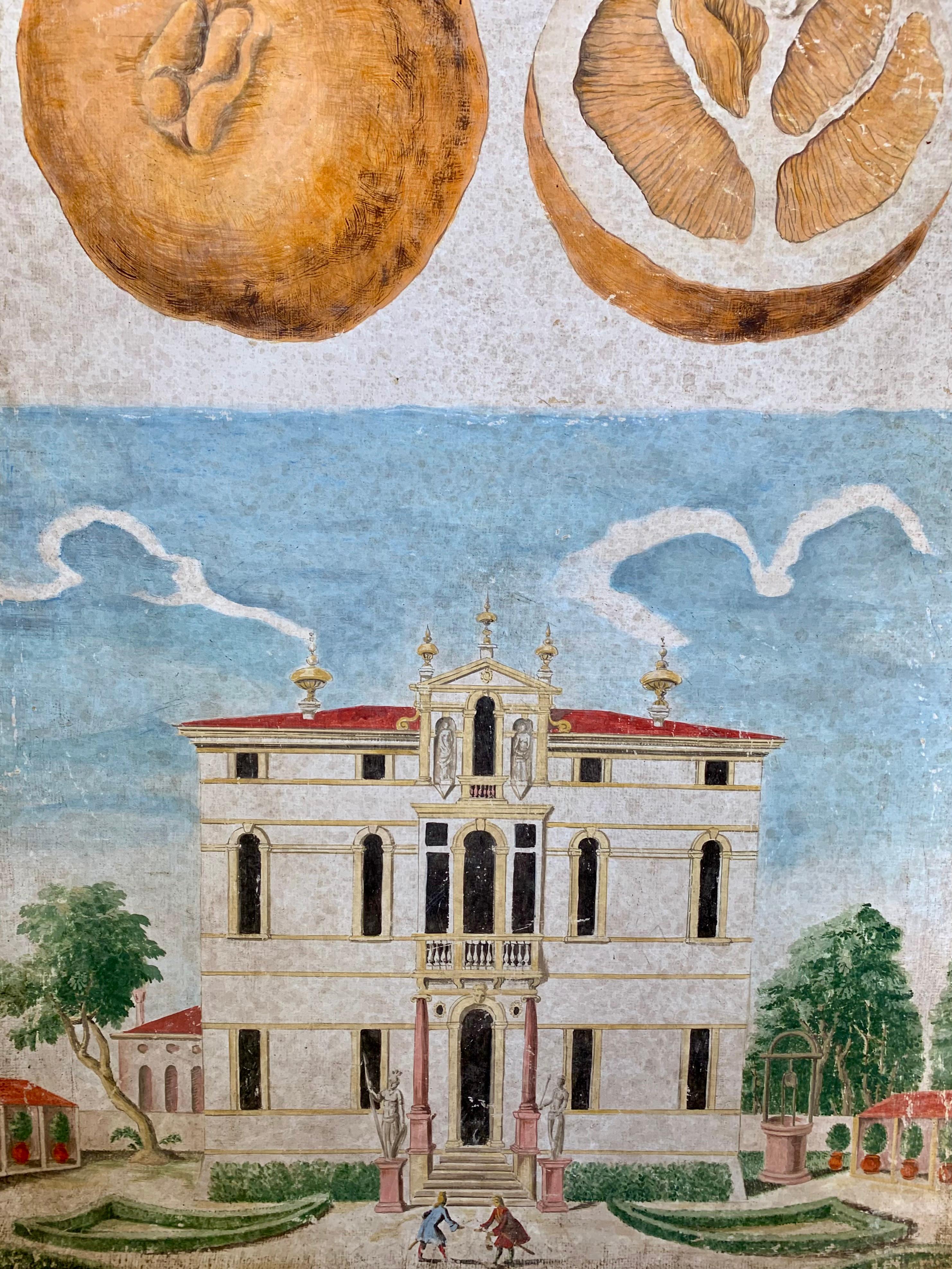 Decorative new Italian painting with fruit, and an 18th century scenery of a palace with a garden, and people. Great colors and very skillfully painted.
