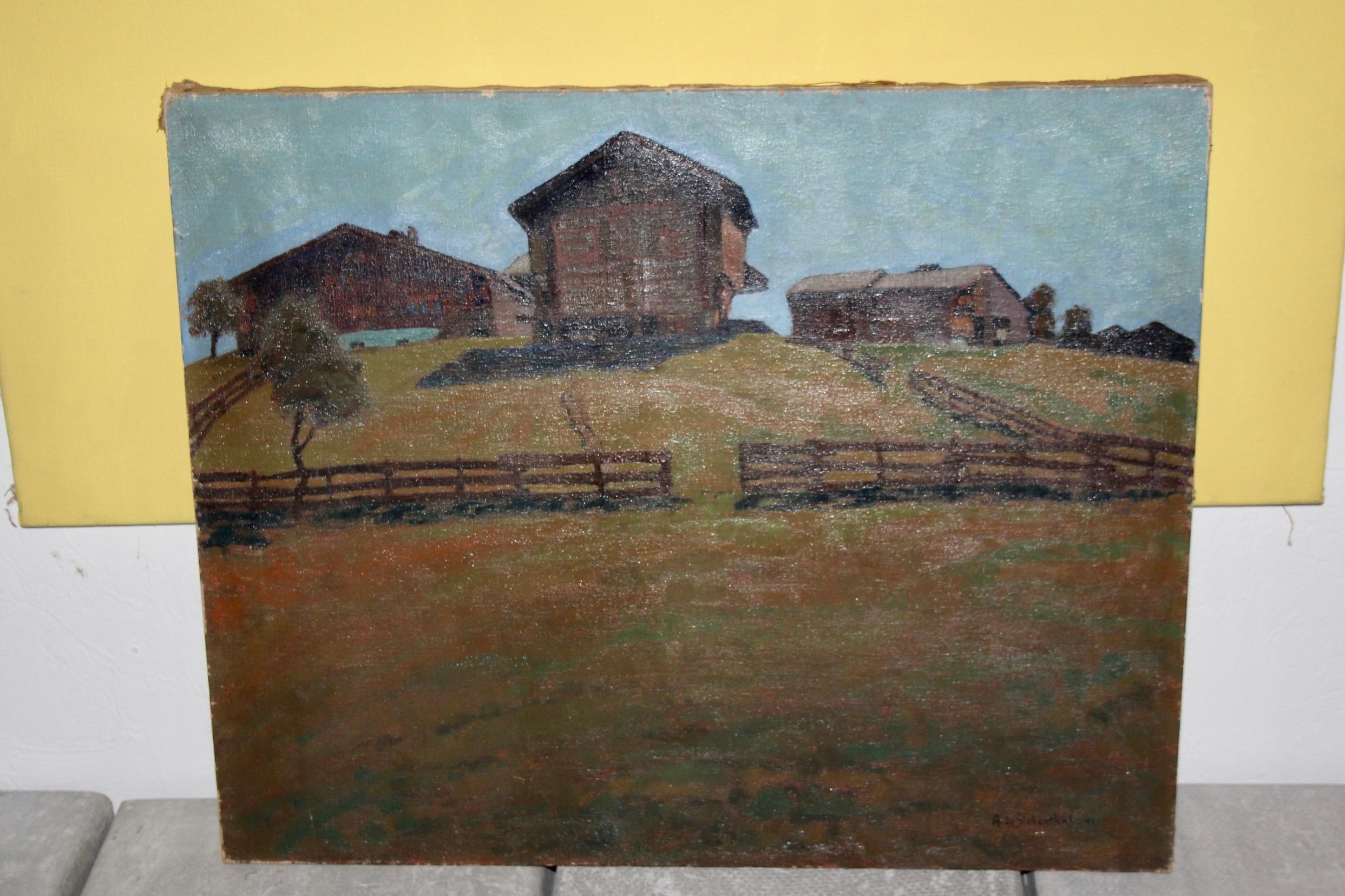 Decorative painting of Swiss alp In Good Condition For Sale In grand Lancy, CH