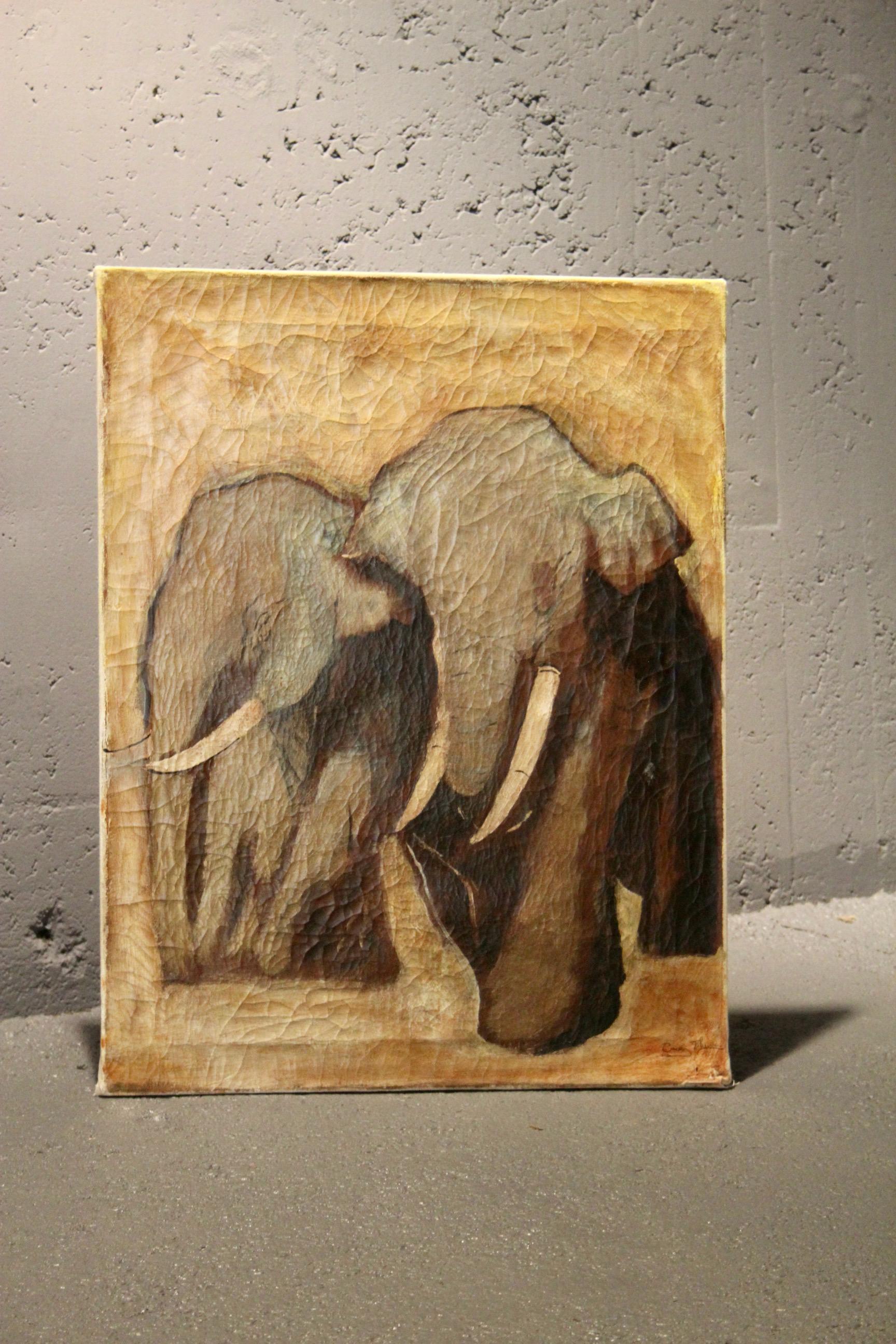 European Decorative painting representing elephants For Sale
