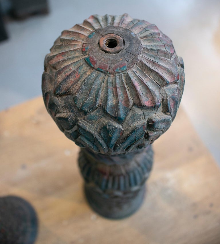 Decorative Pair of 1950s Hand Carved Wooden Finials For Sale at 1stDibs