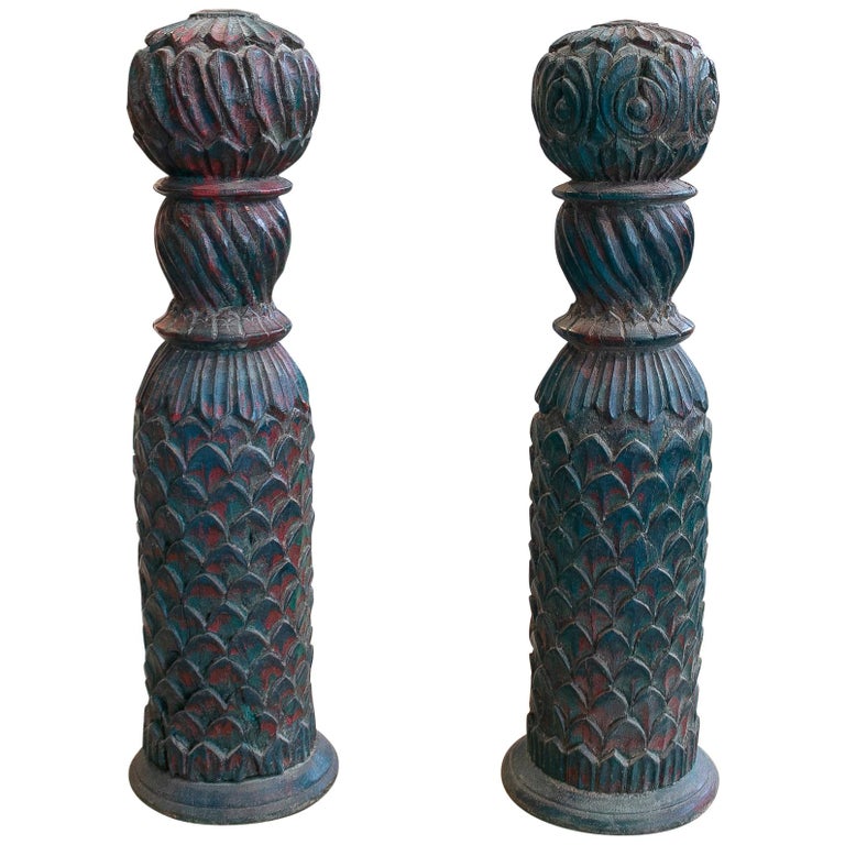 Decorative Pair of 1950s Hand Carved Wooden Finials For Sale at 1stDibs