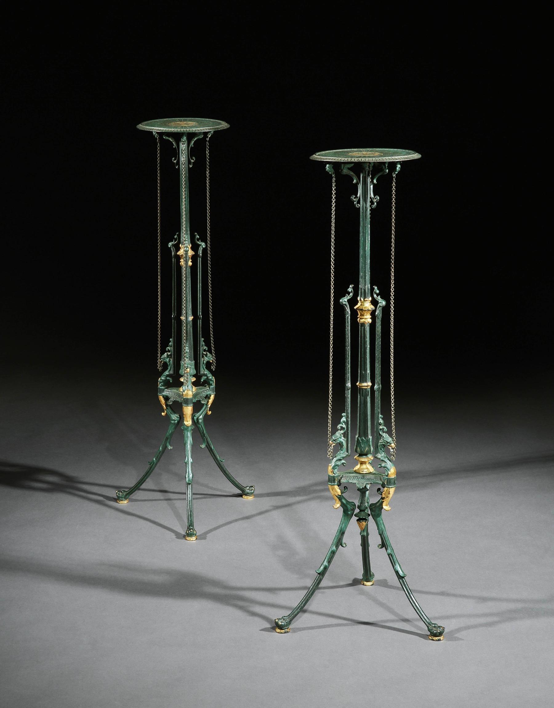A decorative pair of late 19th century painted and parcel-gilt German cast iron jardinière stands or torchères retaining by Zimmermann. German circa 1880 Retaining their original green paint and gilt work, a wonderful pair jardinière’s or torchères