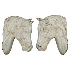 DECORATIVE PAiR OF ANTIQUE VICTORIAN HAND PAINTED CAST IRON HORSE HEAD TETHERS