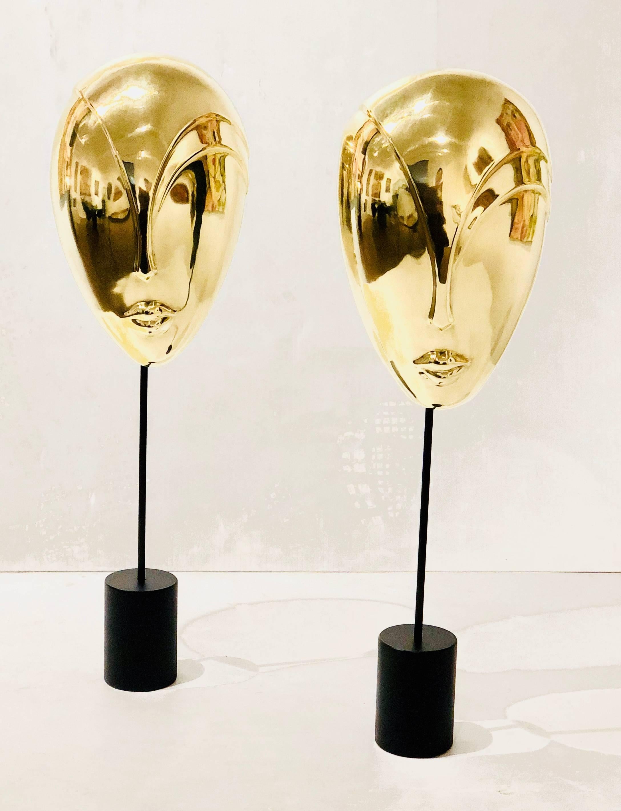 Hollywood Regency Decorative Pair of Brass Masks Sculptures Alien Faces Art Deco on Stands