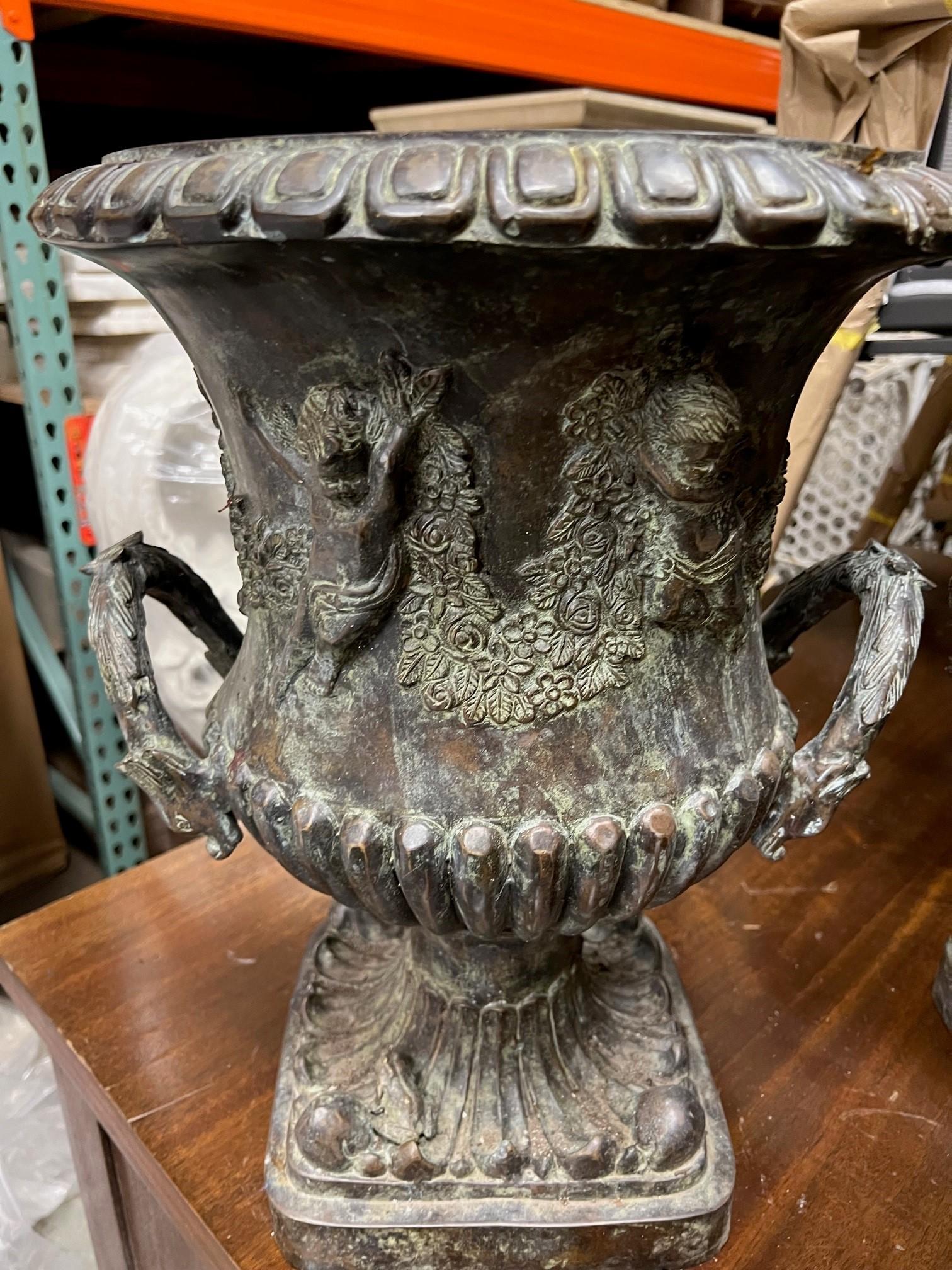 Decorative Pair of Bronze Urns with Handles  For Sale 2