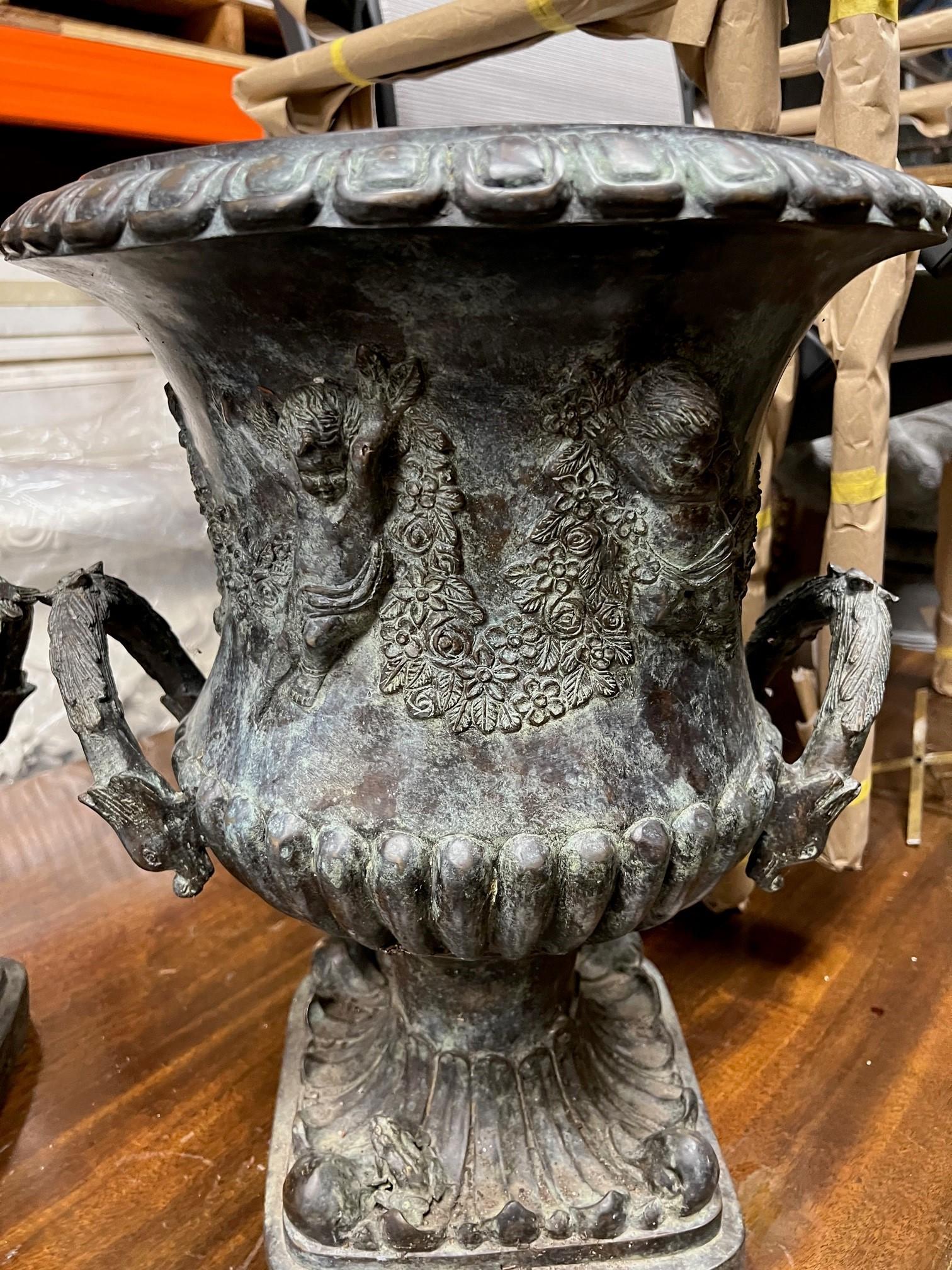 Decorative Pair of Bronze Urns with Handles  For Sale 3