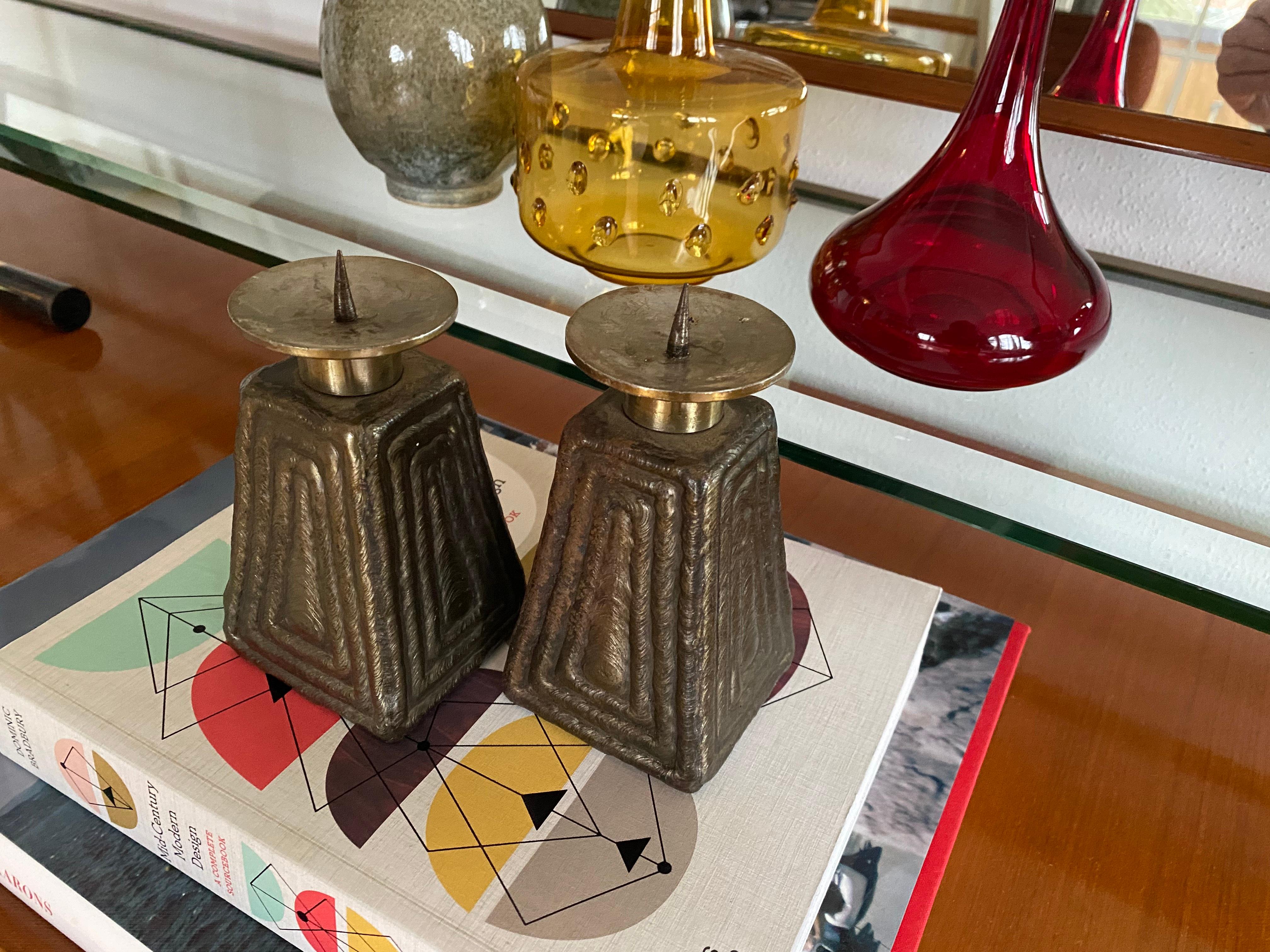 German Decorative Pair of Brutalist Candle Sticks For Sale