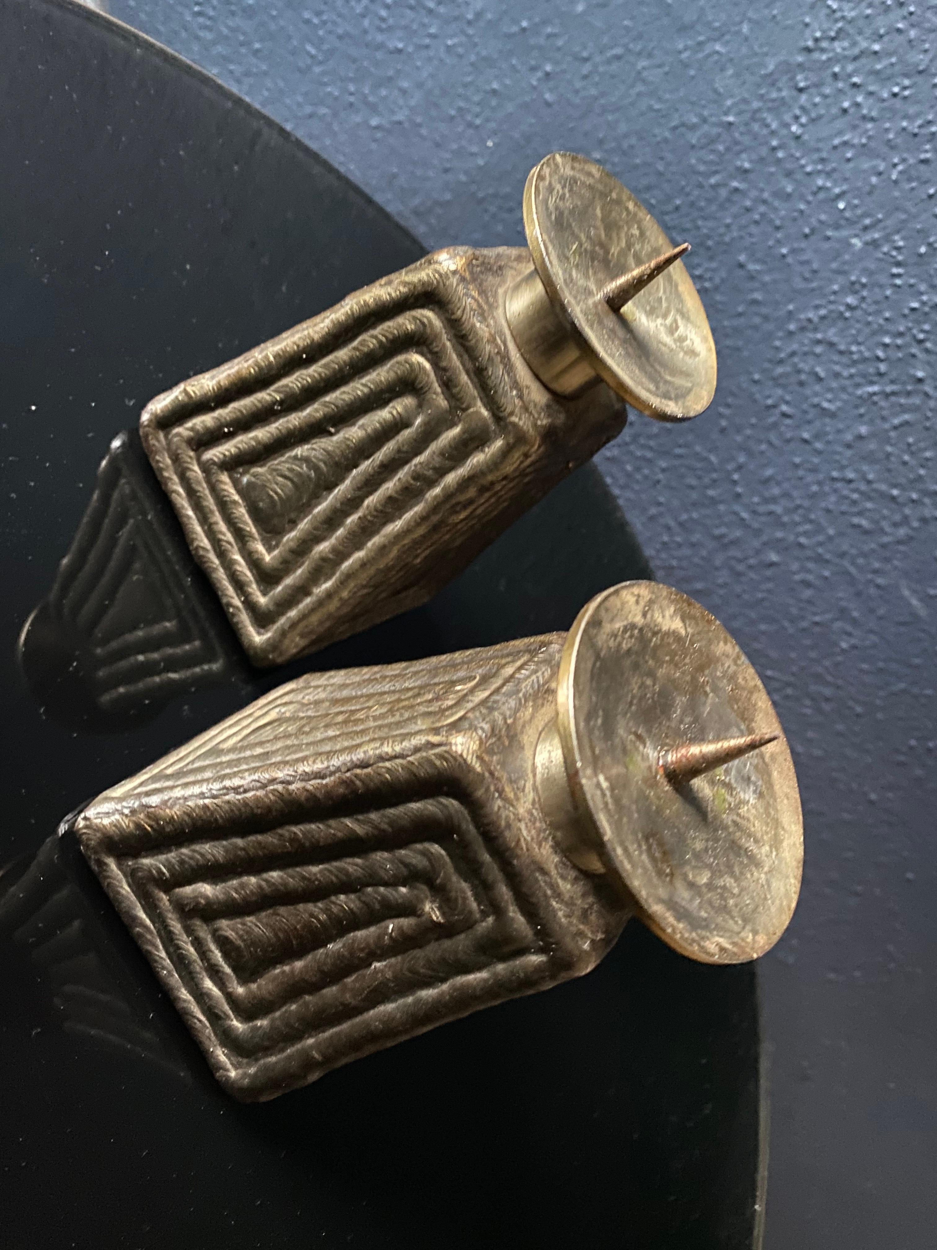 Late 20th Century Decorative Pair of Brutalist Candle Sticks For Sale