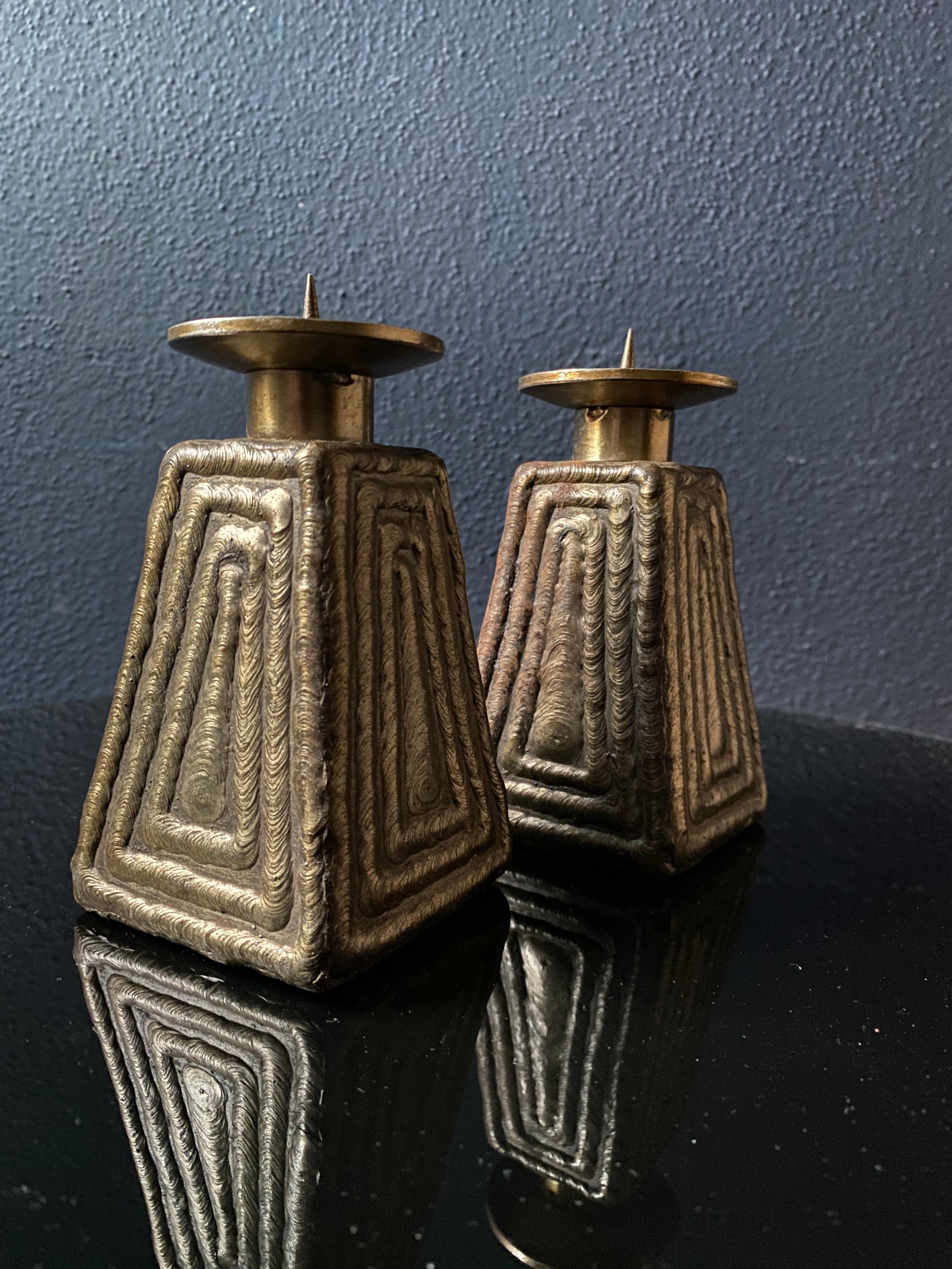 Metal Decorative Pair of Brutalist Candle Sticks For Sale