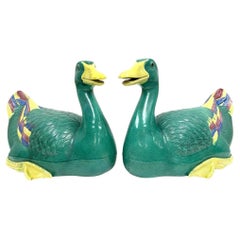 Vintage Decorative Pair Of Chinese Polychrome Glazed Ducks