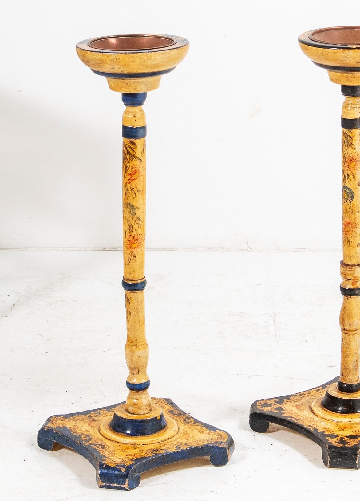 19th Century Decorative Pair of Floor Standing Ashtrays Floral Decoration with Copper Inserts For Sale