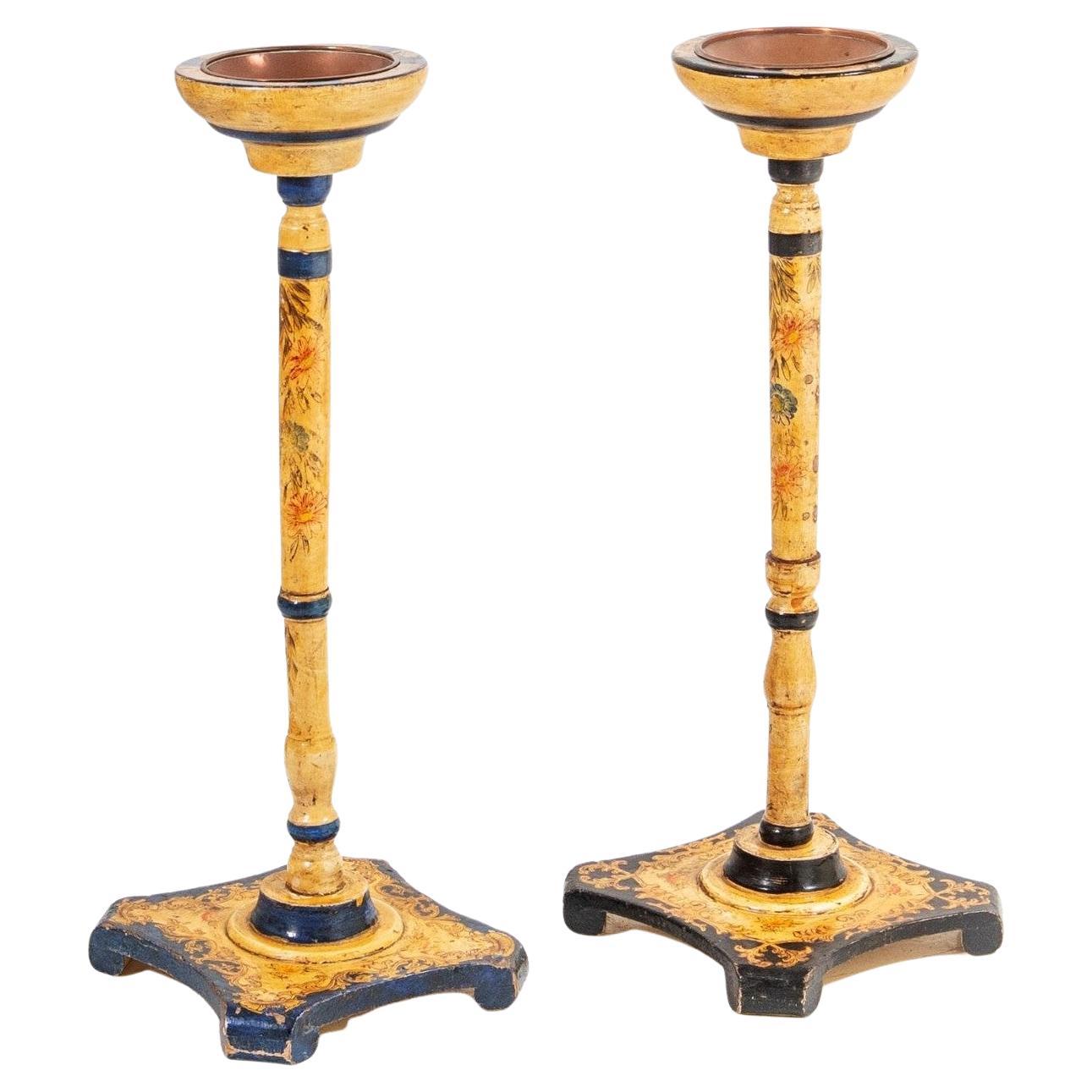 Decorative Pair of Floor Standing Ashtrays Floral Decoration with Copper Inserts For Sale