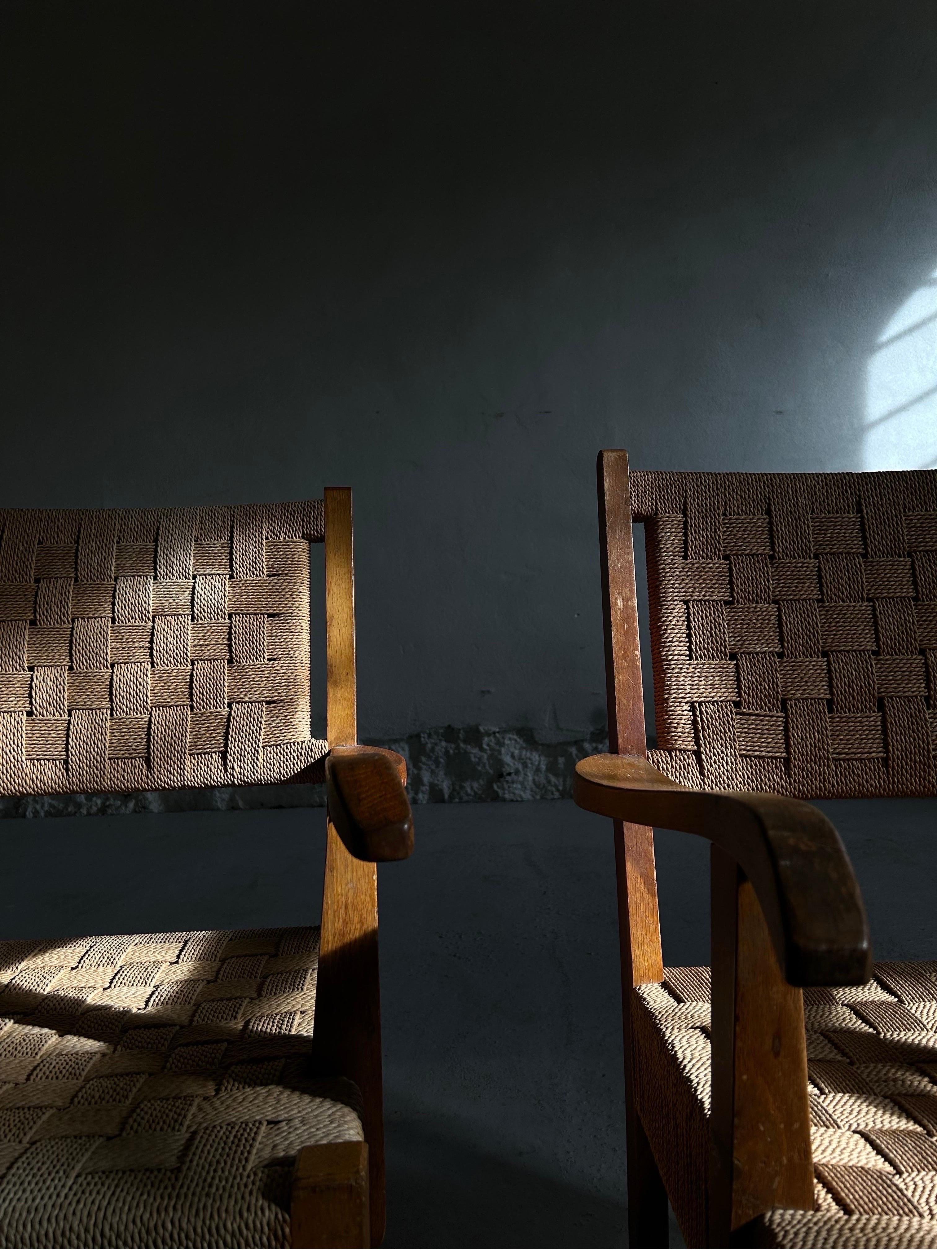 Scandinavian Modern Decorative pair of Fritz Hansen Lounge Chairs 1940s Beech Wood & Sea Grass
