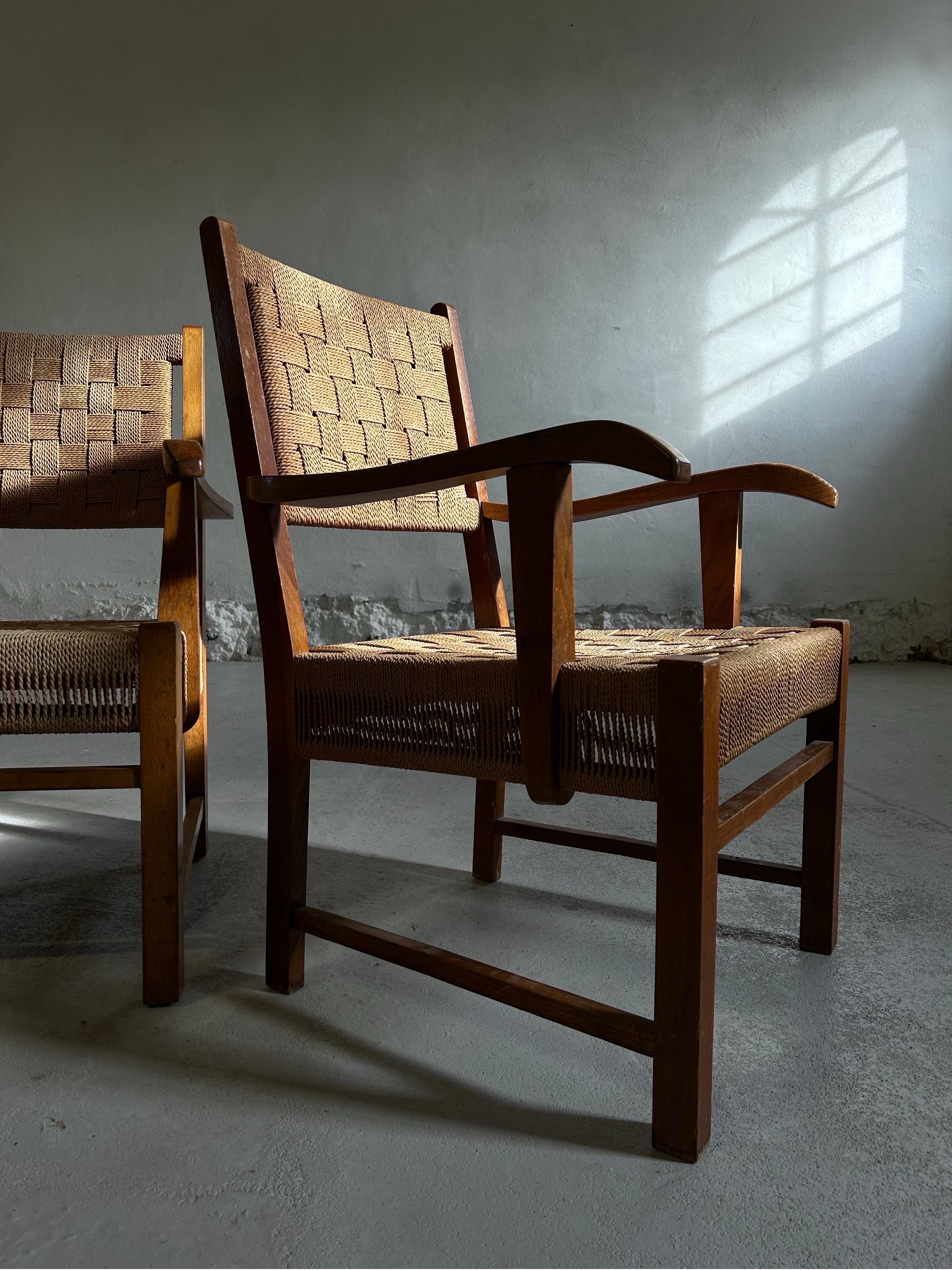 Seagrass Decorative pair of Fritz Hansen Lounge Chairs 1940s Beech Wood & Sea Grass
