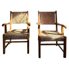 Decorative pair of Fritz Hansen Lounge Chairs 1940s Beech Wood & Sea Grass
