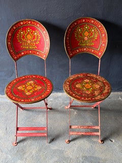 Decorative Pair of Hand-Painted Folk Art Inspired Folding Metal Chairs