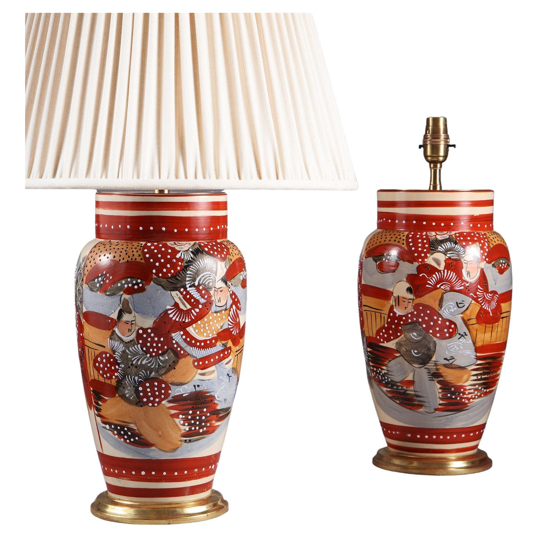 Decorative Pair of Japanese 20th Century Vases Mounted as Table Lamps For Sale