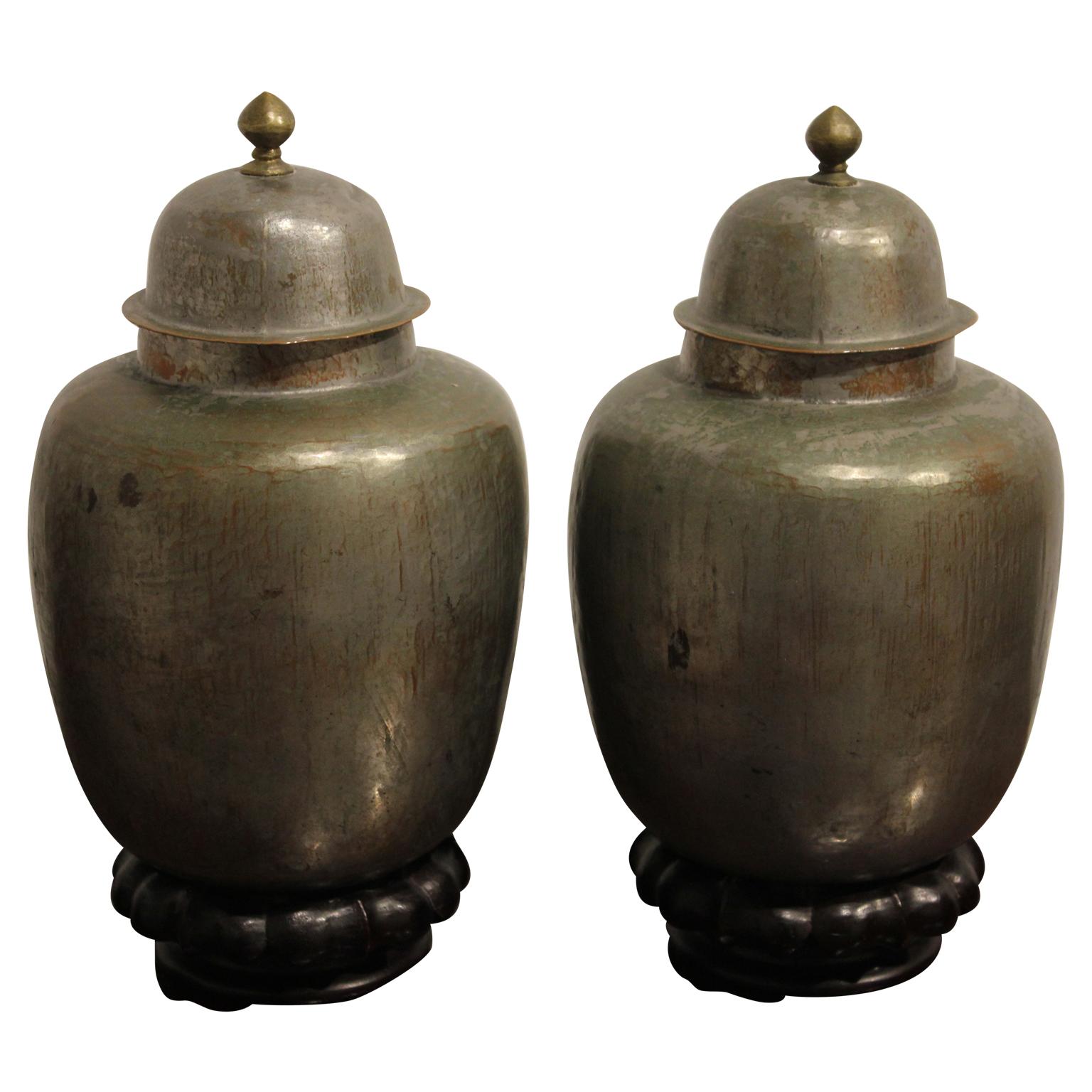 Chinese Export Decorative Pair of Metal Vessels with a Wooden Pedestal