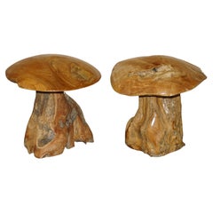 Decorative Pair of Natural Rootwood Mushroom Shaped Stools or Tall Footstools