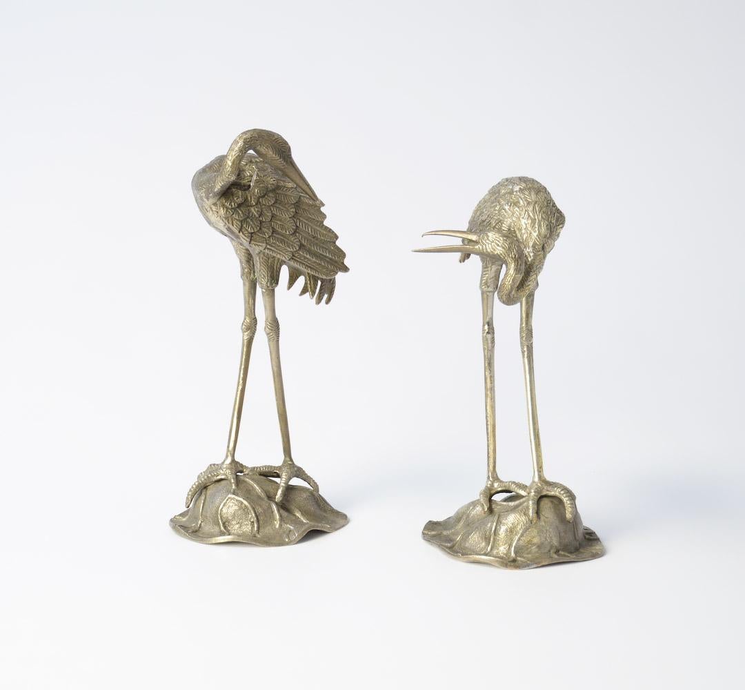Modern Decorative Pair of Nickel-Plated Brass Crane Bird Sculptures