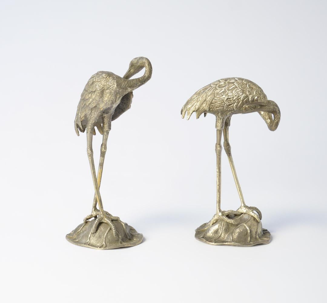 Belgian Decorative Pair of Nickel-Plated Brass Crane Bird Sculptures