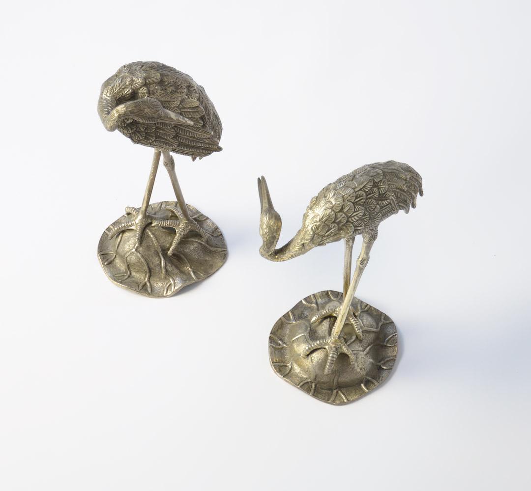 Decorative Pair of Nickel-Plated Brass Crane Bird Sculptures In Good Condition In Vlimmeren, BE