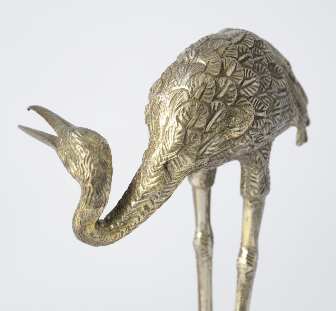 Decorative Pair of Nickel-Plated Brass Crane Bird Sculptures 1