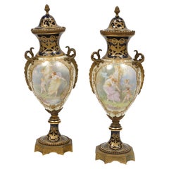 Antique Decorative Pair of Vase in Sevres Porcelain with Ormolu Bronze