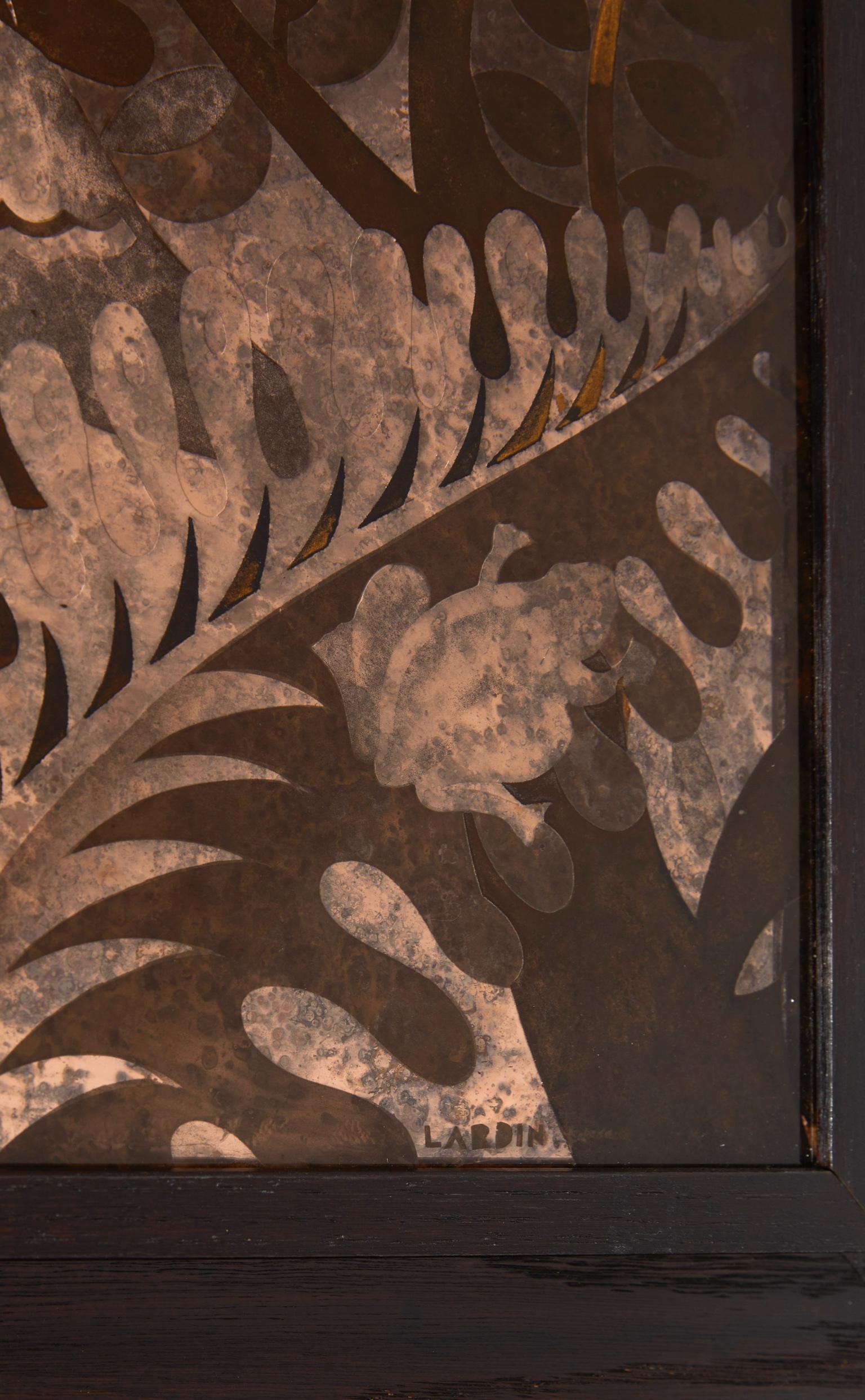 Rectangular decorative panel made in glass presenting a lush vegetation and animals. 
Signed lower right.