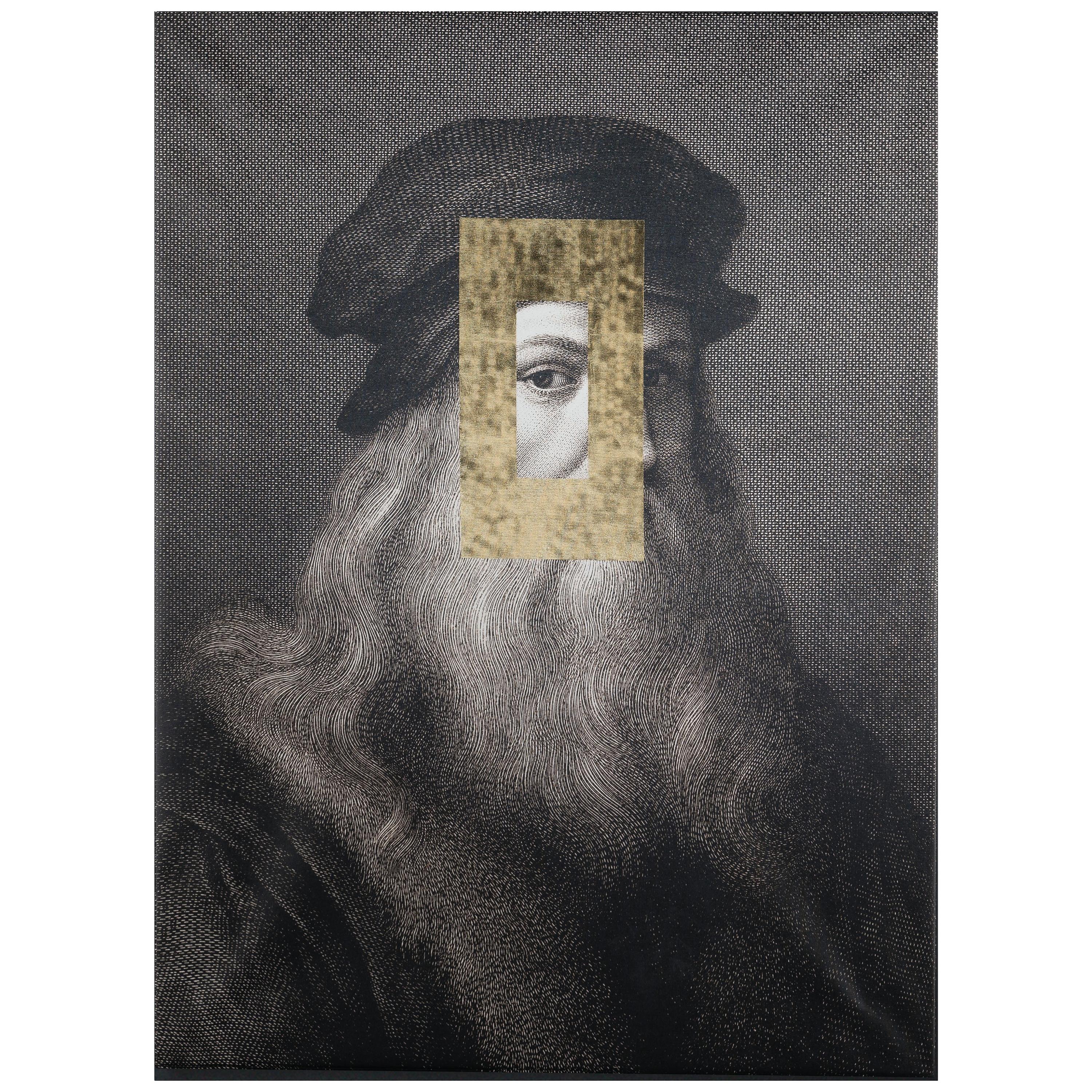 Decorative Panel Leonardo Eye, Printed Canvas and Golden Leaf Decoration, Italy For Sale