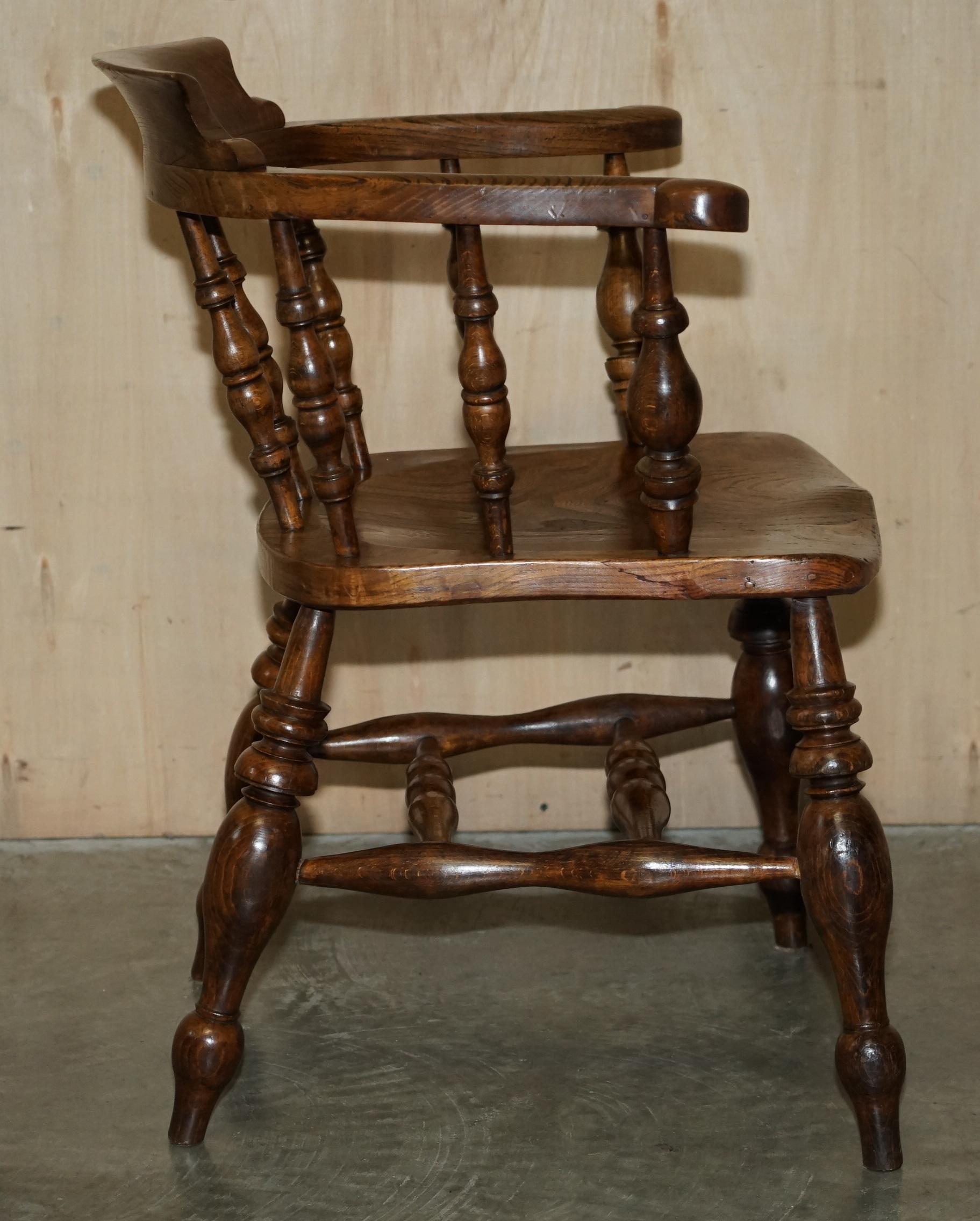 Decorative Patina Antique Edwardian Sold Elm Bow Back Smokers Captains Armchair For Sale 6