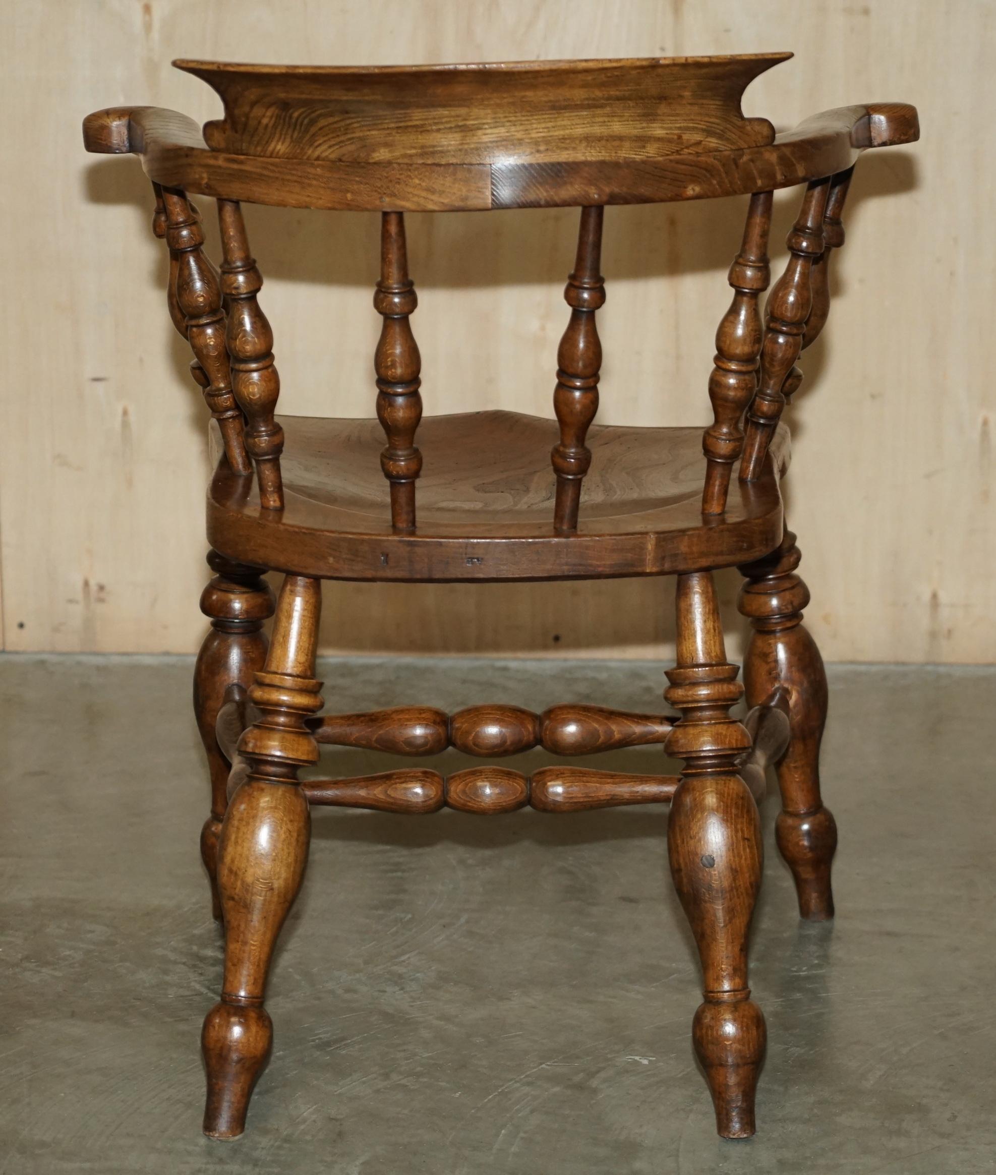 Decorative Patina Antique Edwardian Sold Elm Bow Back Smokers Captains Armchair For Sale 7