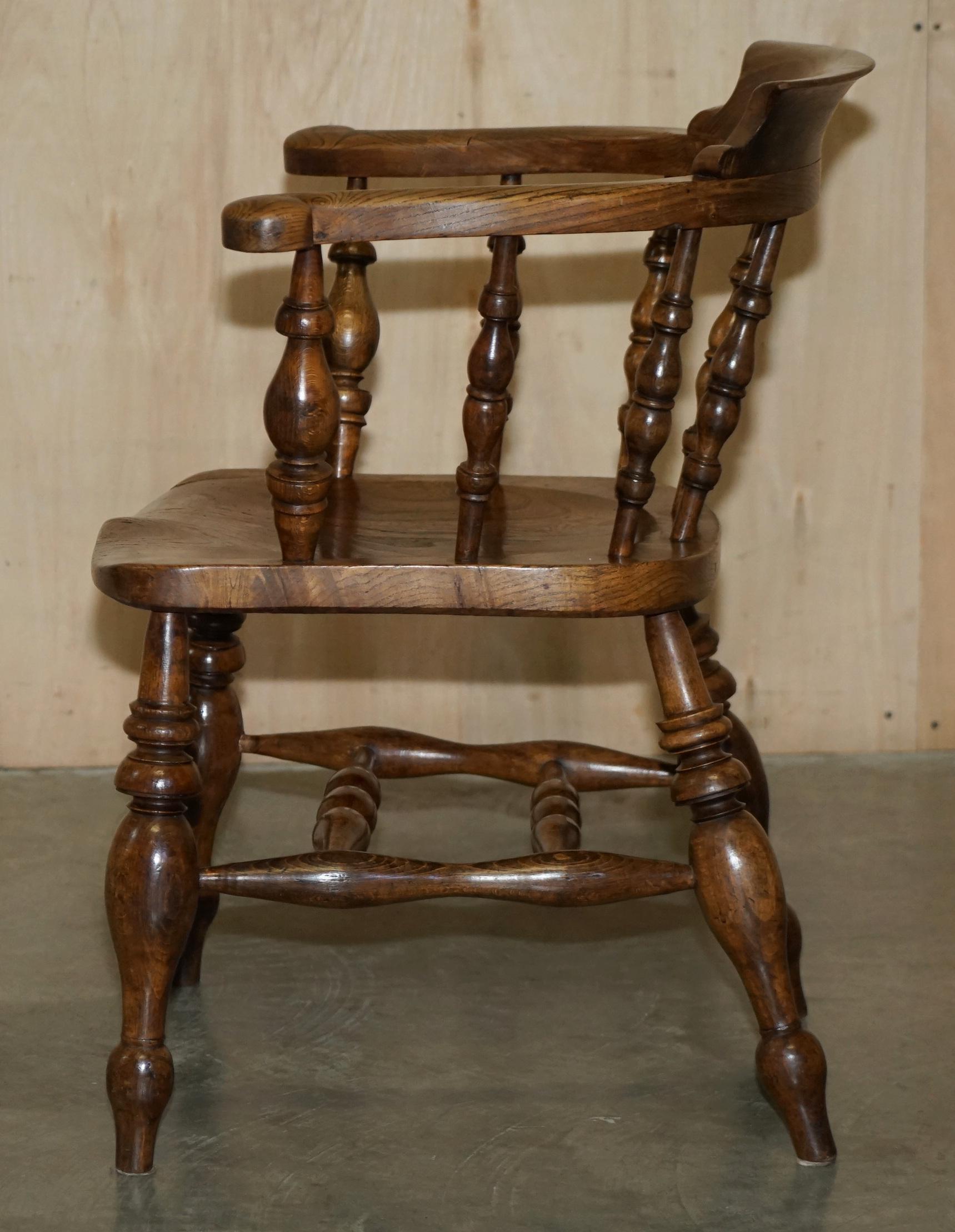 Decorative Patina Antique Edwardian Sold Elm Bow Back Smokers Captains Armchair For Sale 9
