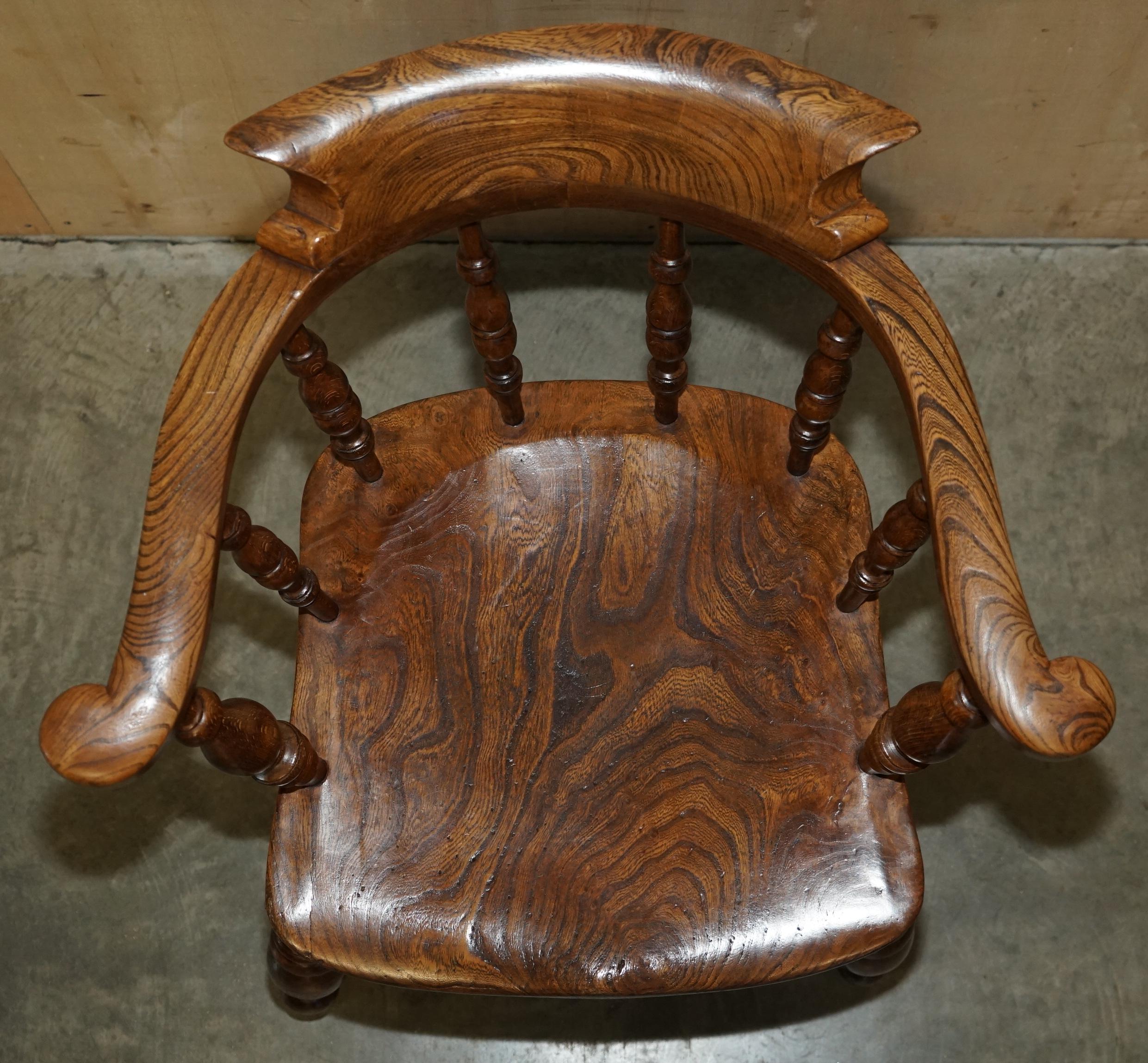 Decorative Patina Antique Edwardian Sold Elm Bow Back Smokers Captains Armchair For Sale 1